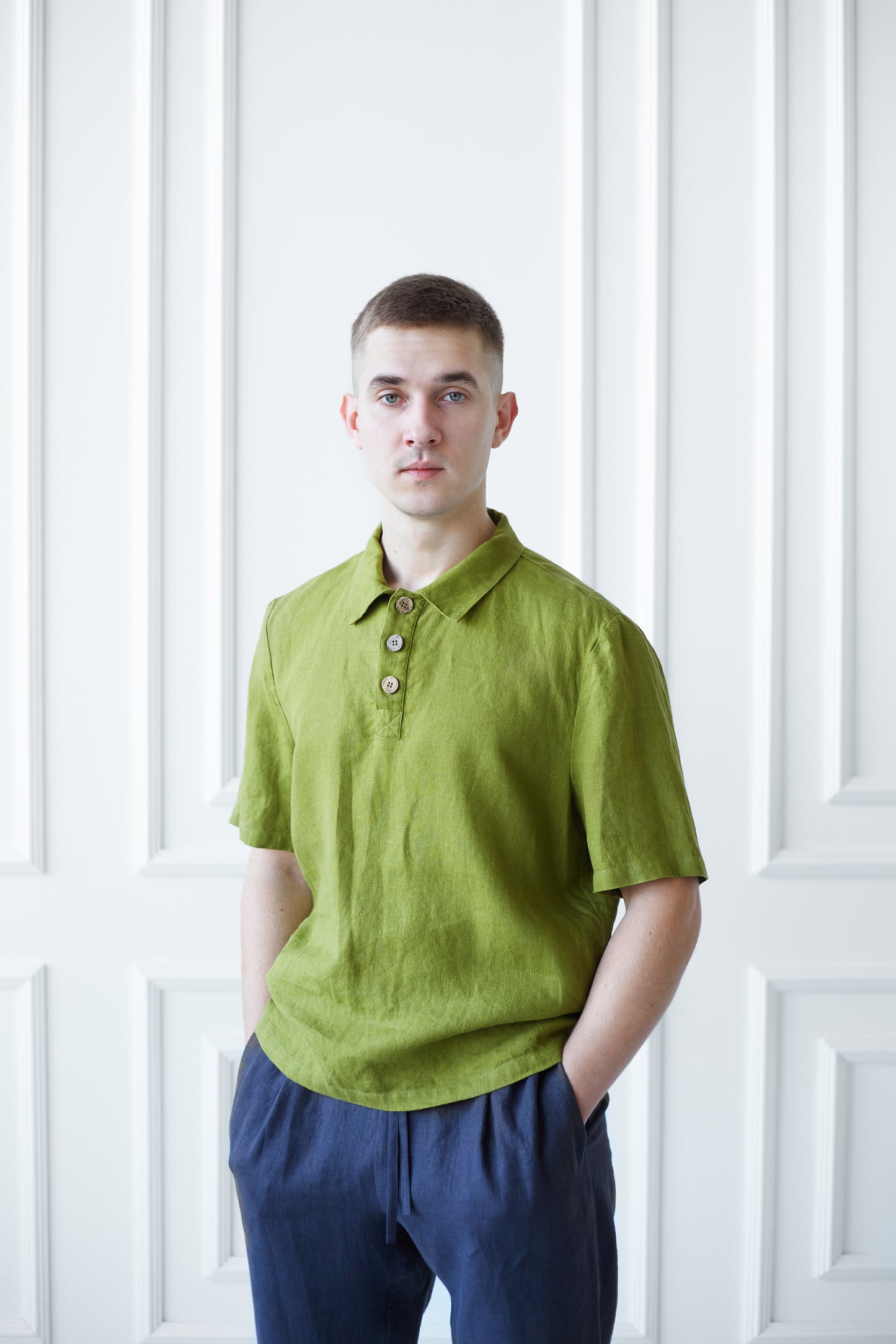 Linen Men's Polo Shirt in Green