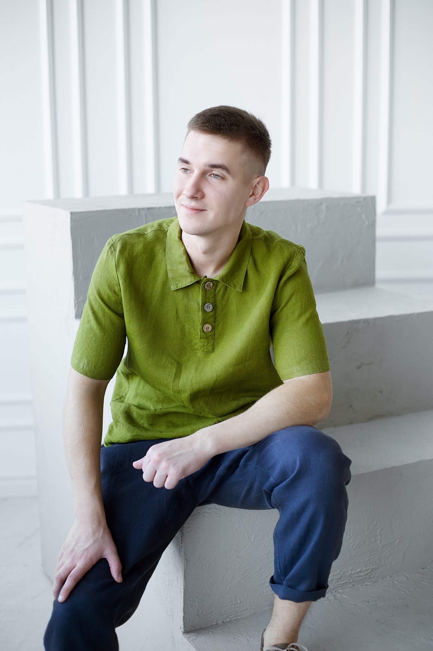 Linen Men's Polo Shirt in Green
