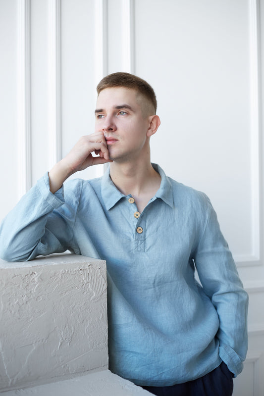 Linen Polo Shirt for Men with Long Sleeves