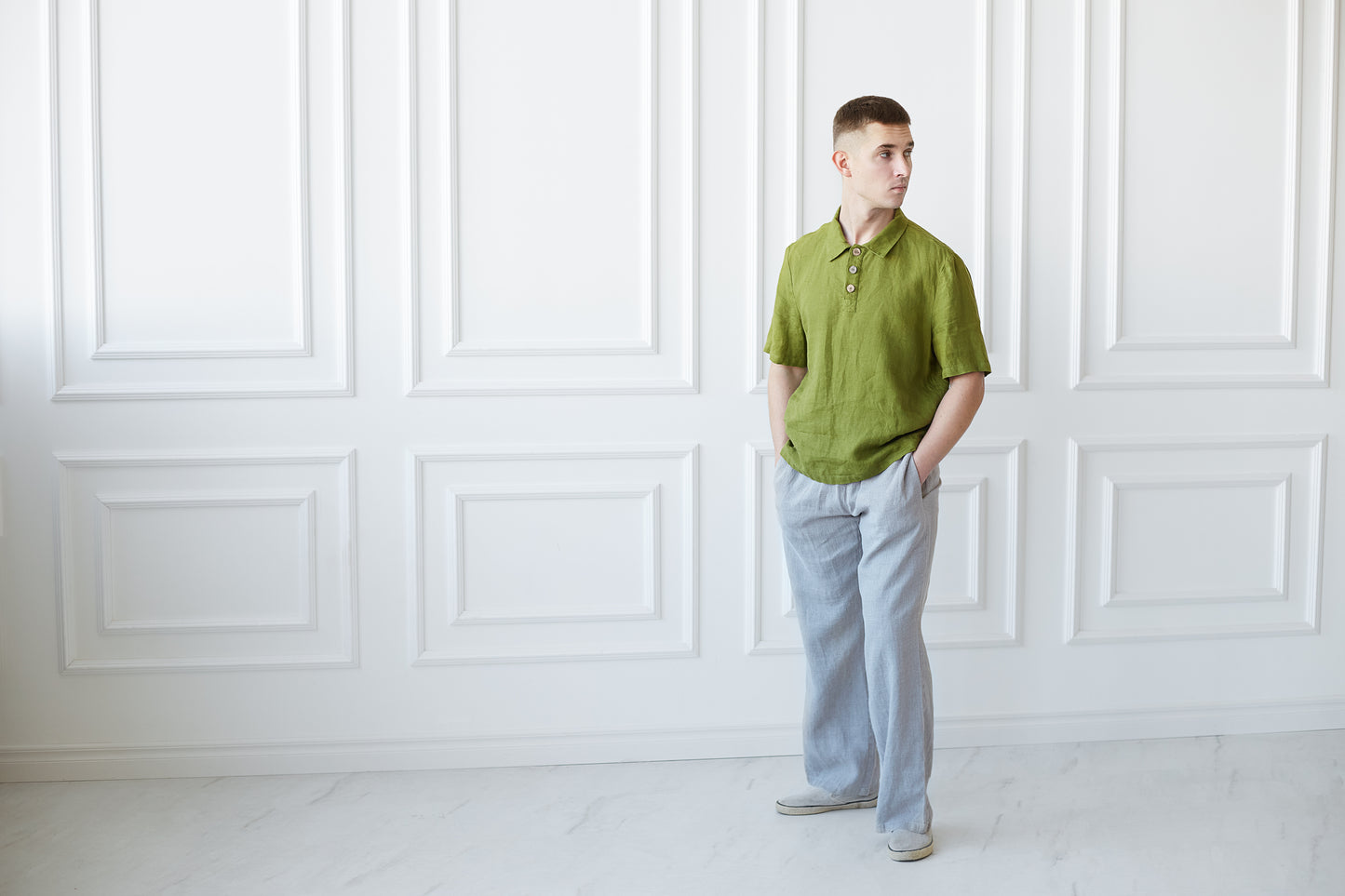 Linen Men's Polo Shirt in Green