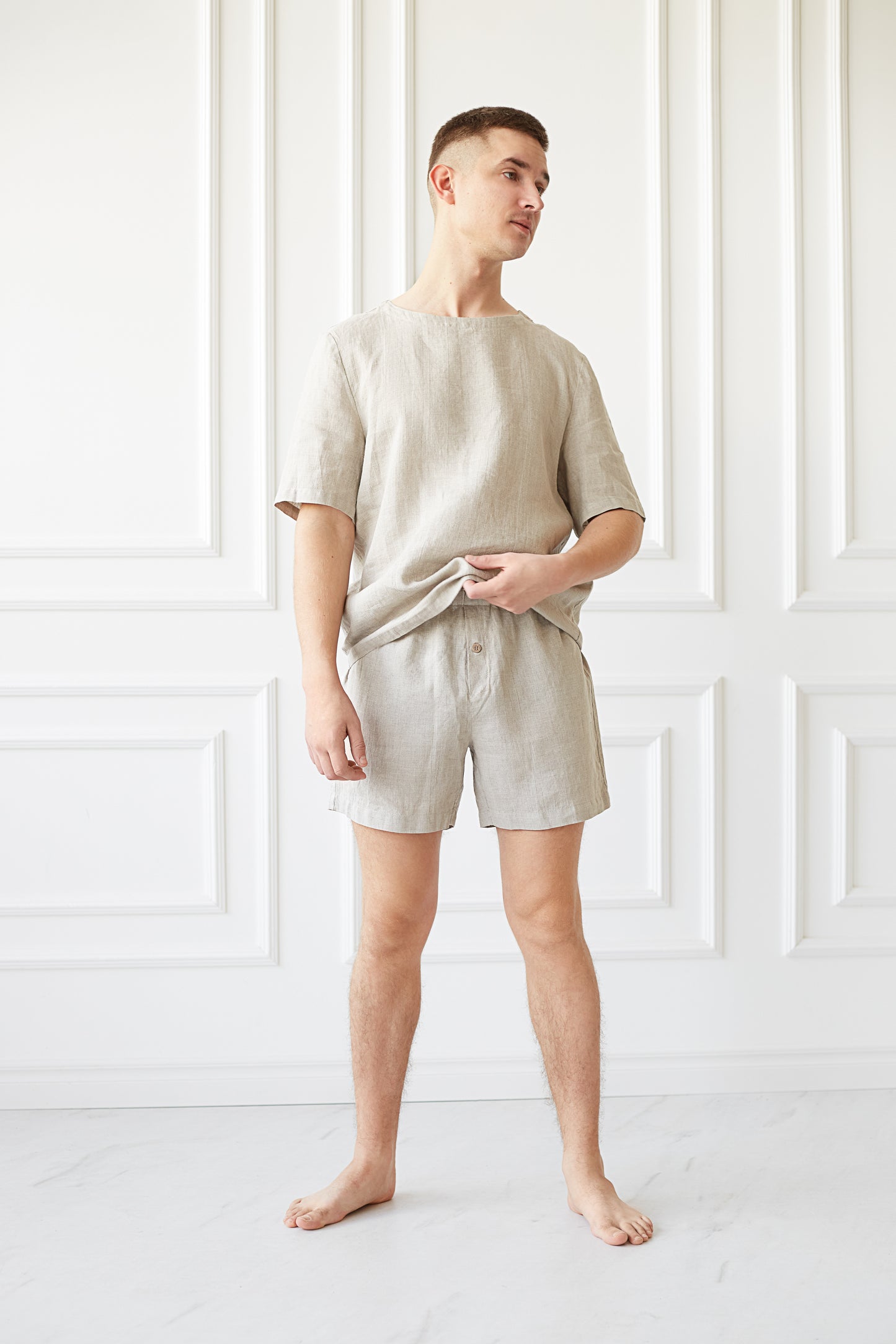 Linen Sleep Shorts for Men with Open Fly