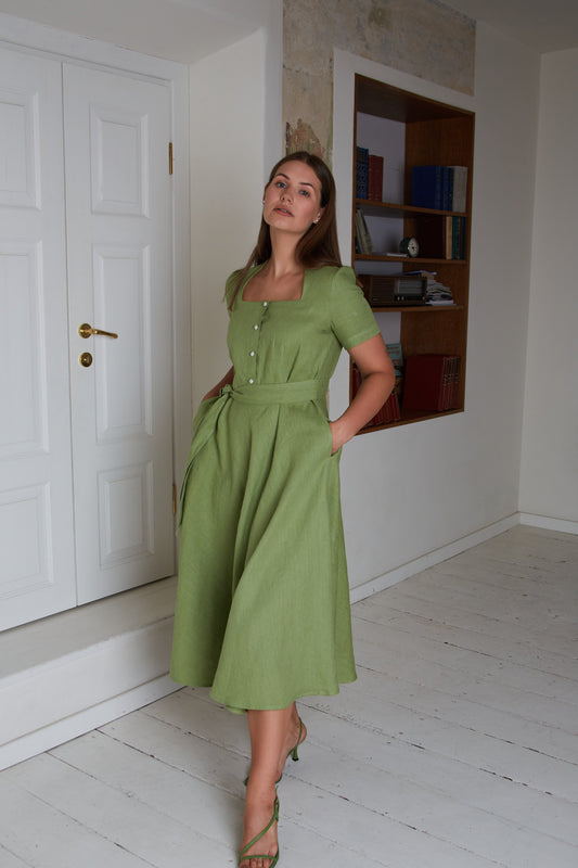 Linen Long Dress GLORIA with Short Sleeves and Wide Skirt