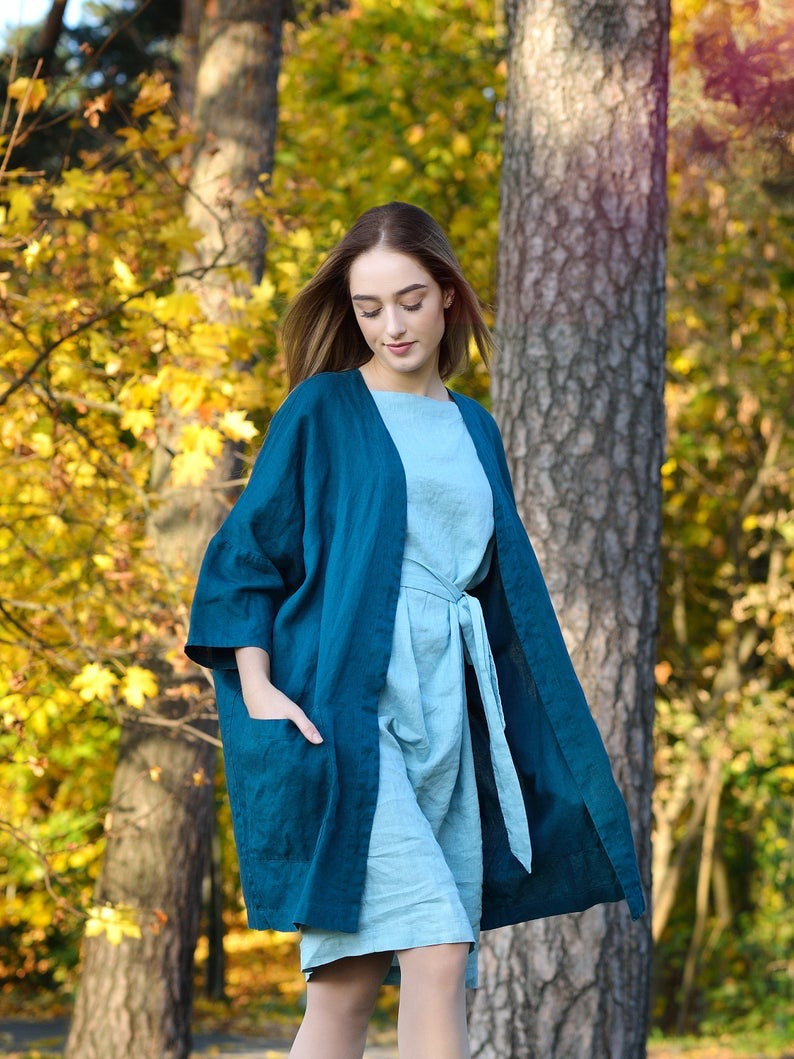 Linen Long and Oversize Cardigan/Blazer BREEZY with Pockets and 3/4 Length Sleeves
