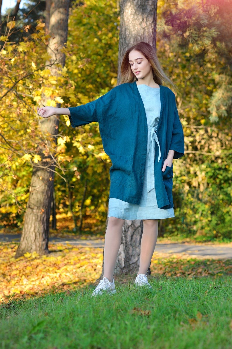 Linen Loose and Oversize Cover UP BREEZY with Big Pockets and 3/4 Sleeves