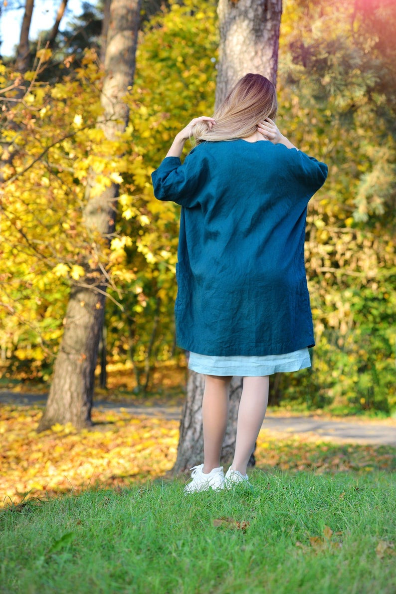 Linen Long and Oversize Blazer BREEZY with 3/4 Sleeves and Big Pockets