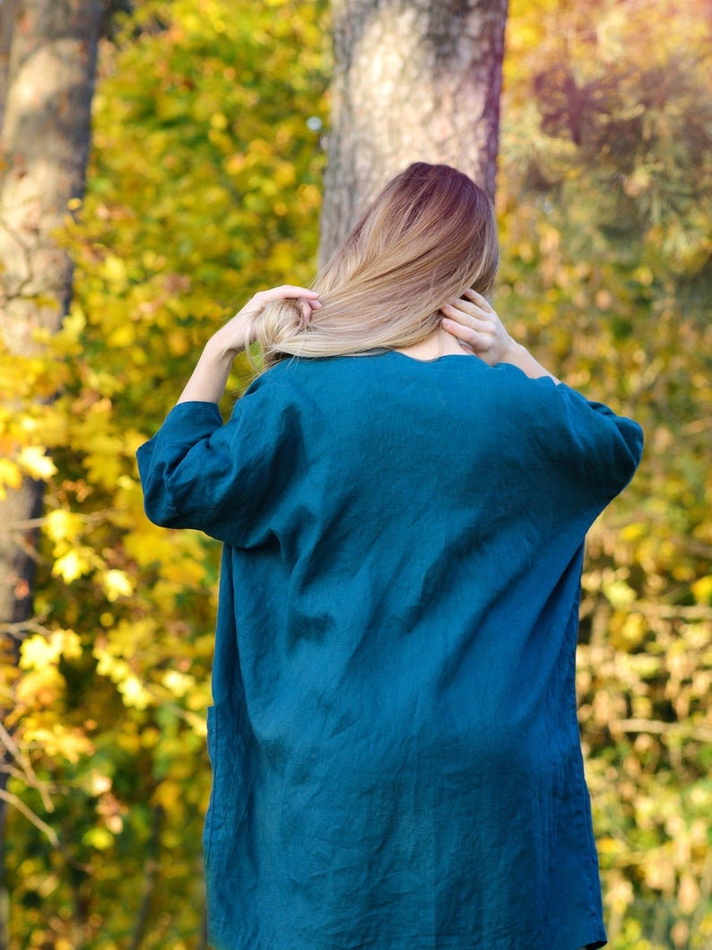 Linen Long and Oversize Cardigan/Blazer BREEZY with Pockets in Teal Blue Color