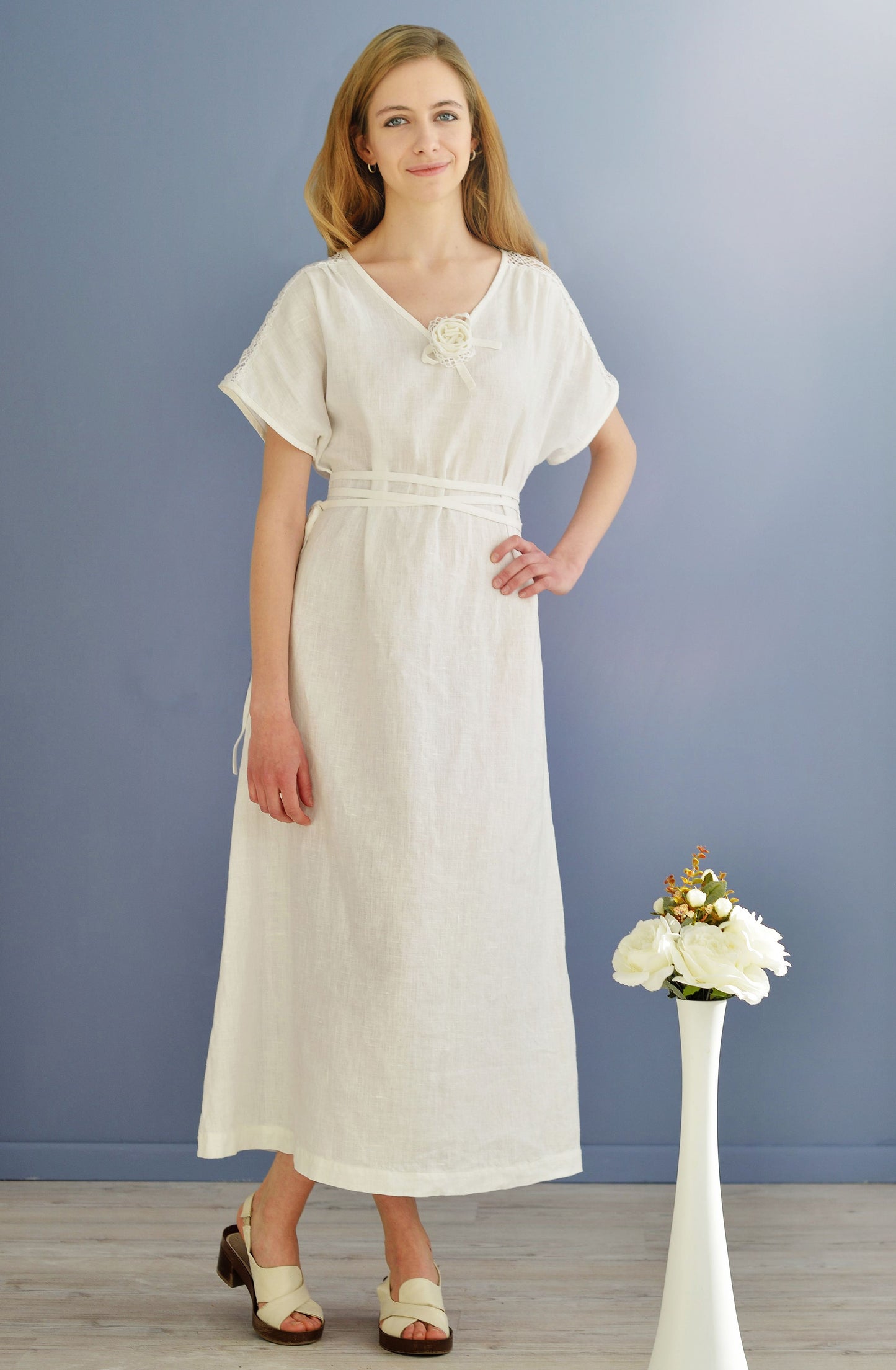Linen Long Dress AMELIA with Lace at Shoulder Line