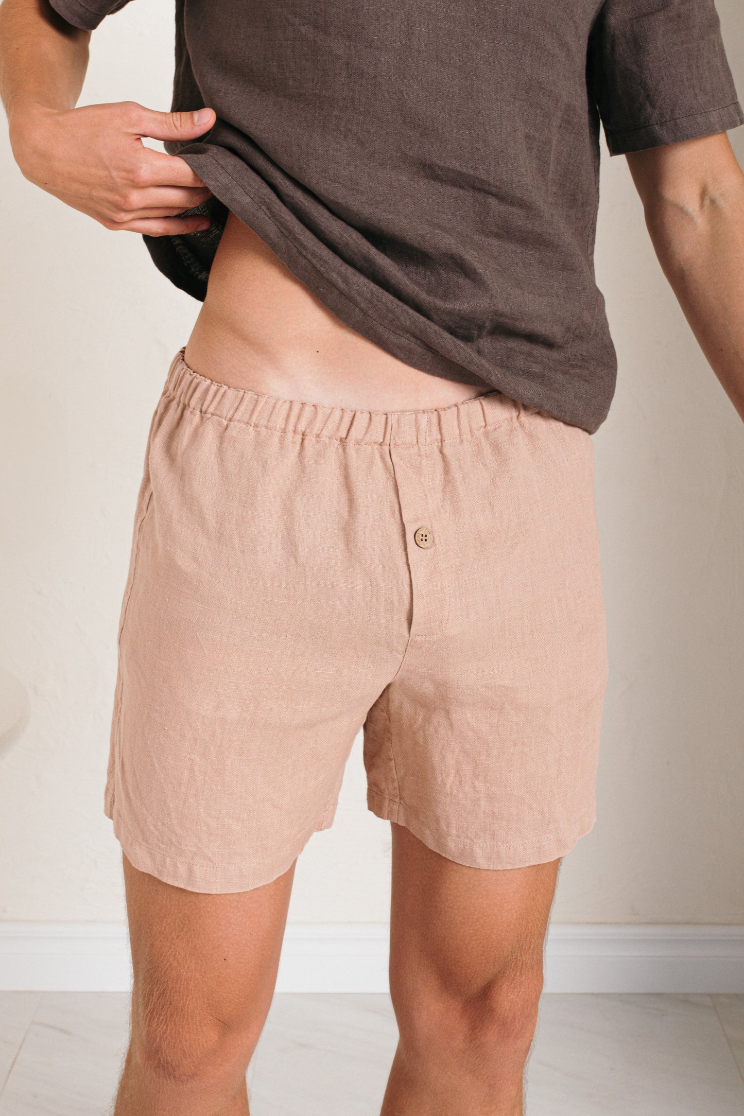 Linen Sleep Shorts for Men with Open Fly