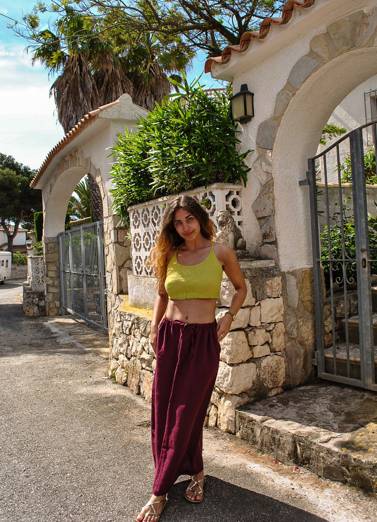 Linen Top-Bustier with Buttoned Back in Lime Green