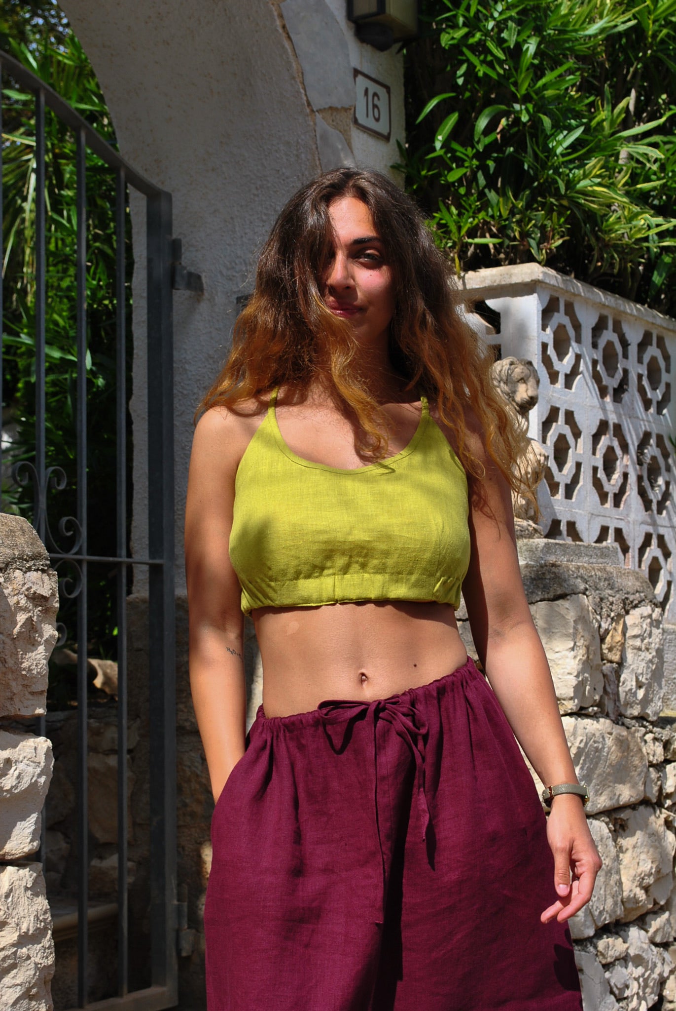 Linen Top-Bustier with Buttoned Back in Lime Green