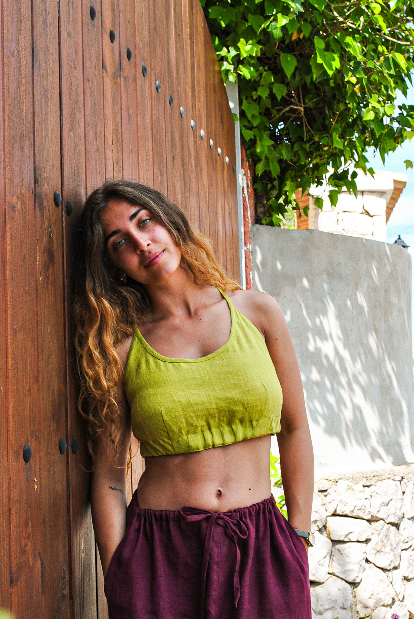 Linen Top-Bustier with Buttoned Back in Lime Green