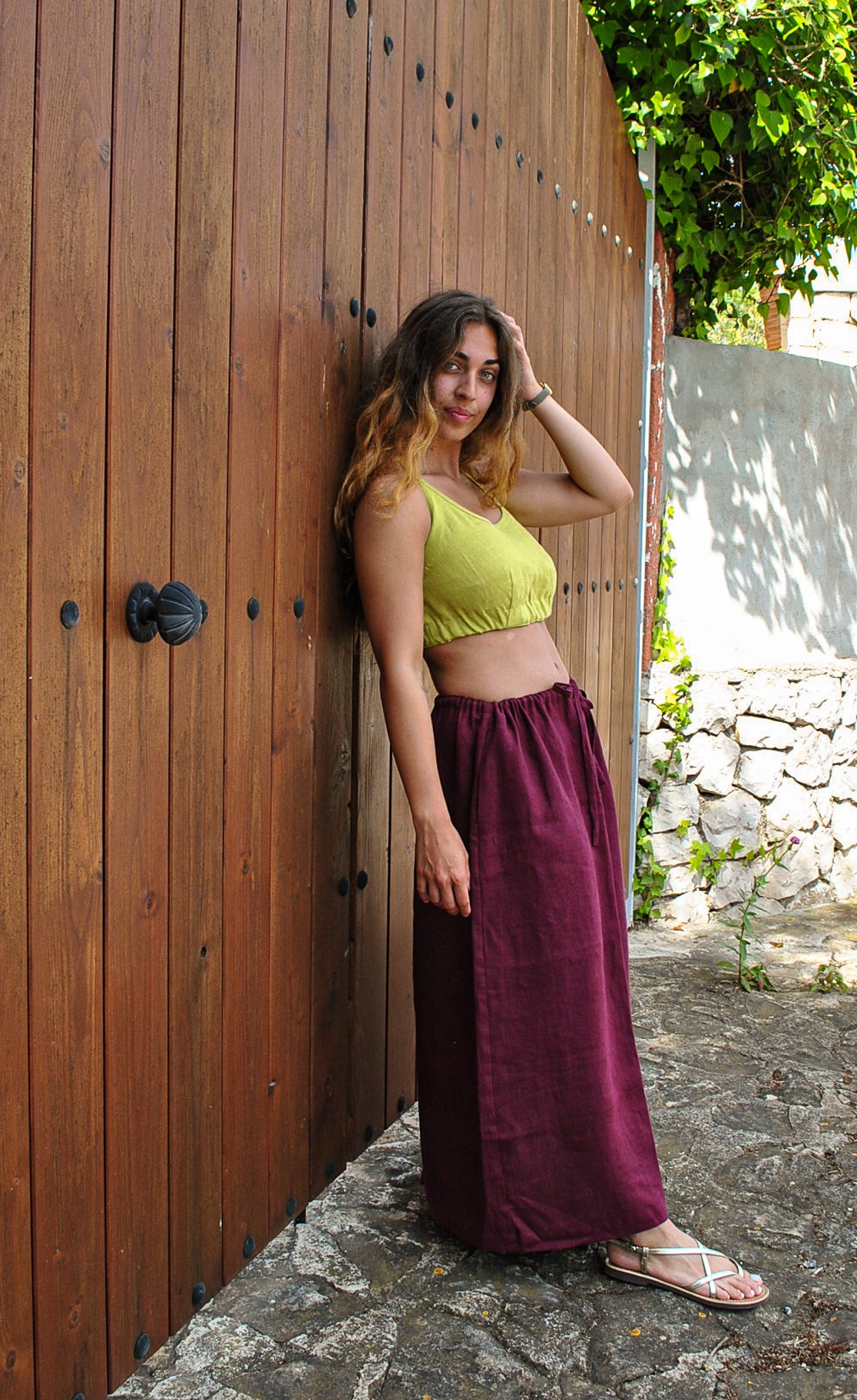 Linen Top-Bustier with Buttoned Back in Lime Green