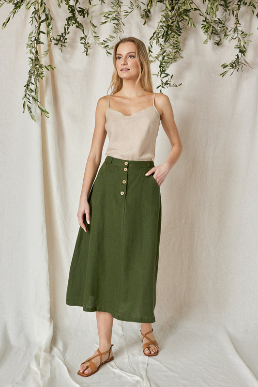 Linen Skirt CLEO in Green with Buttoned Front