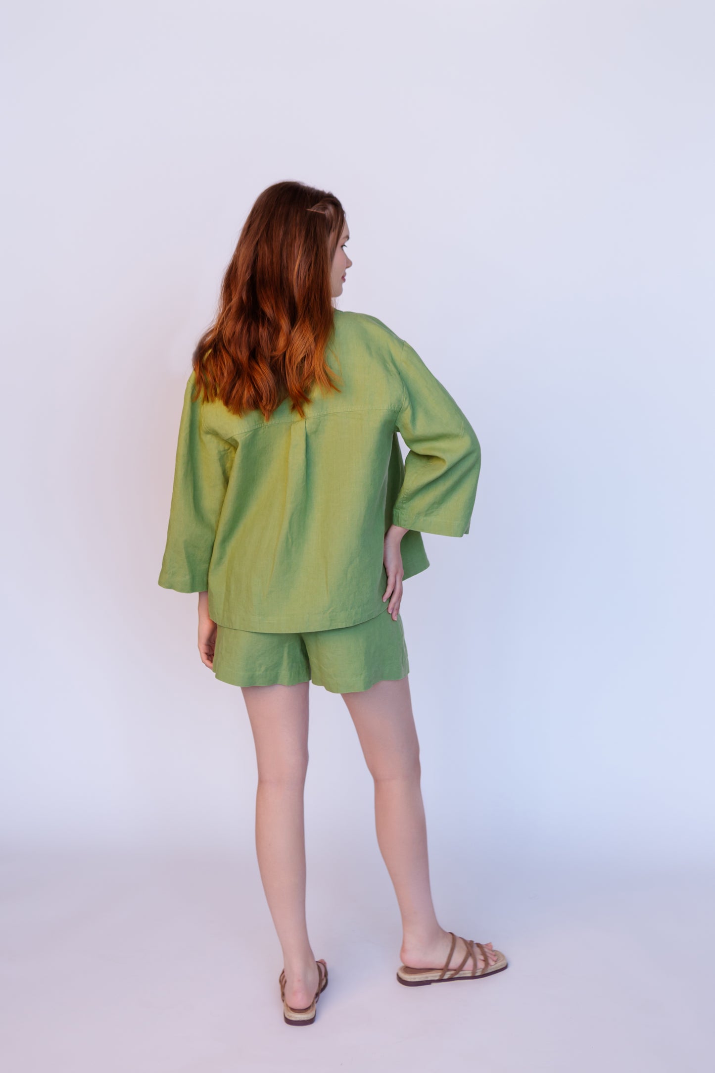 Linen Green Loose Shape Jacket HARLEY with Yoke and Wide Sleeves