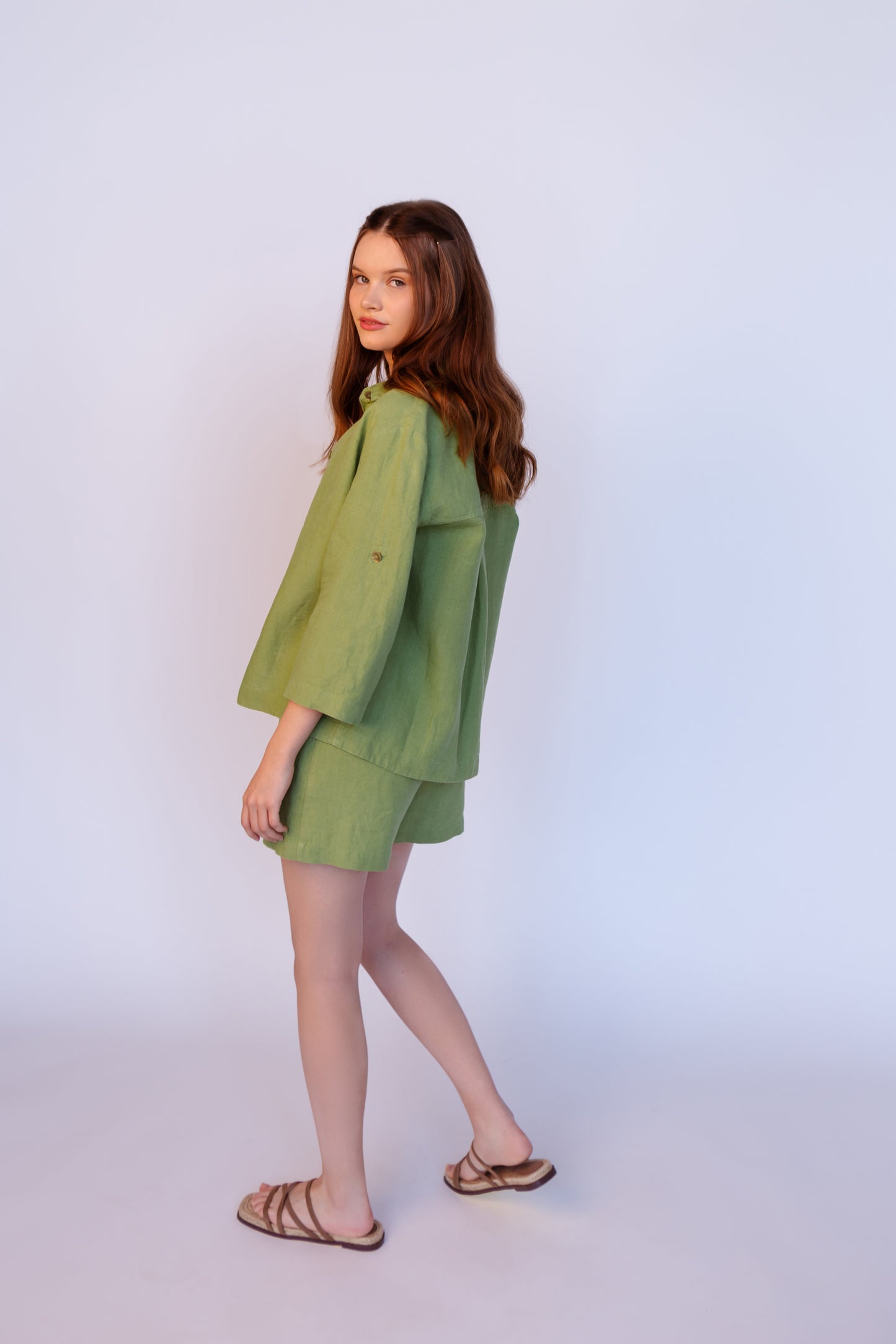 Linen Loose Oversize Shirt Cardigan HARLEY in Green