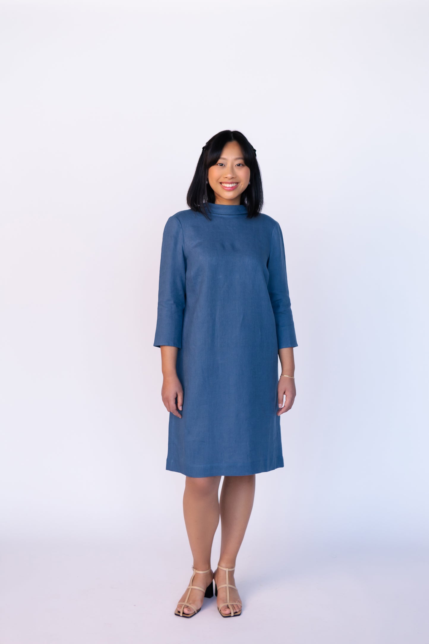 Linen Dress ALLEGRA With Open Back , Bias cut collar and Detachable Bow