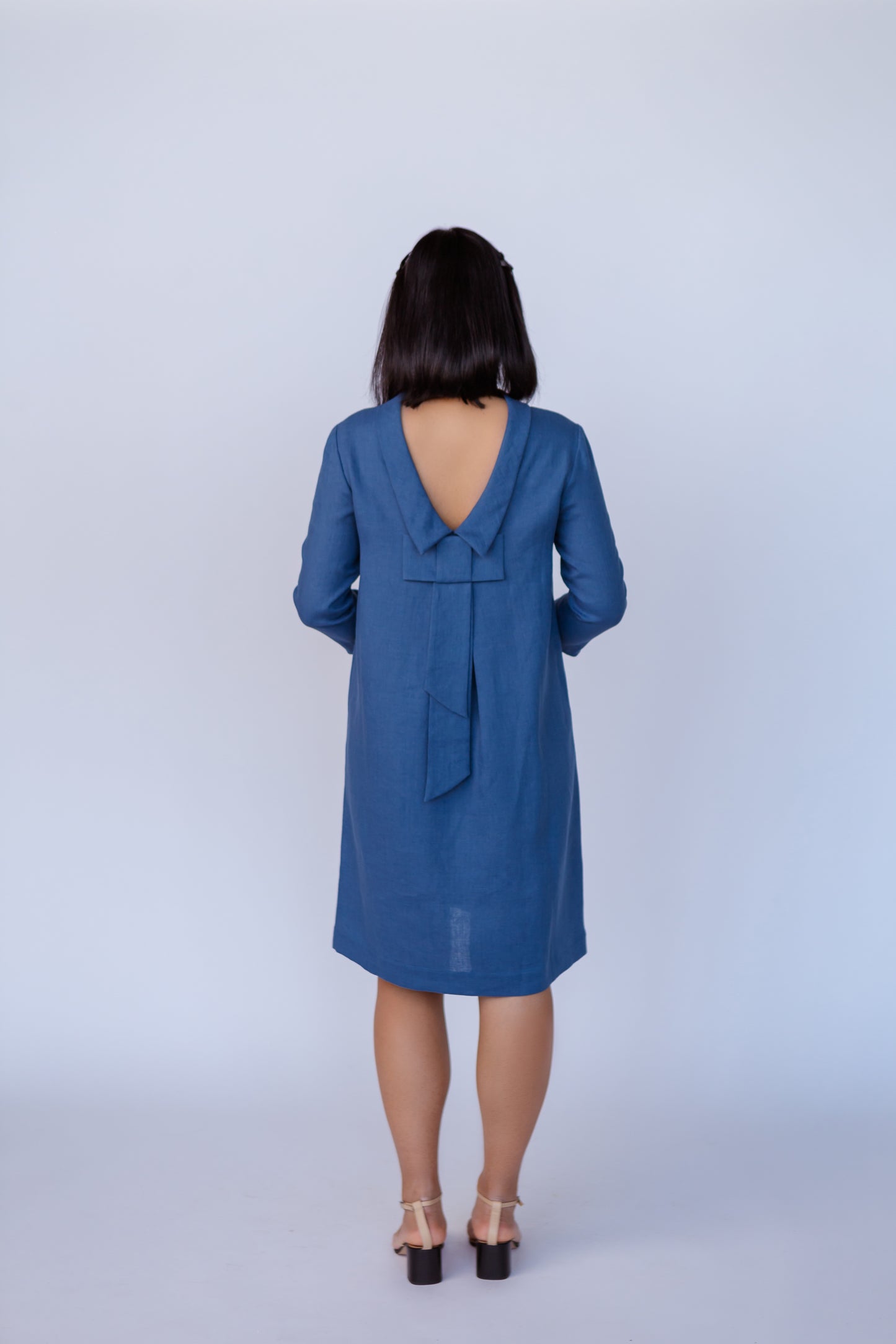 Linen Dress ALLEGRA With Open Back , Bias cut collar and Detachable Bow