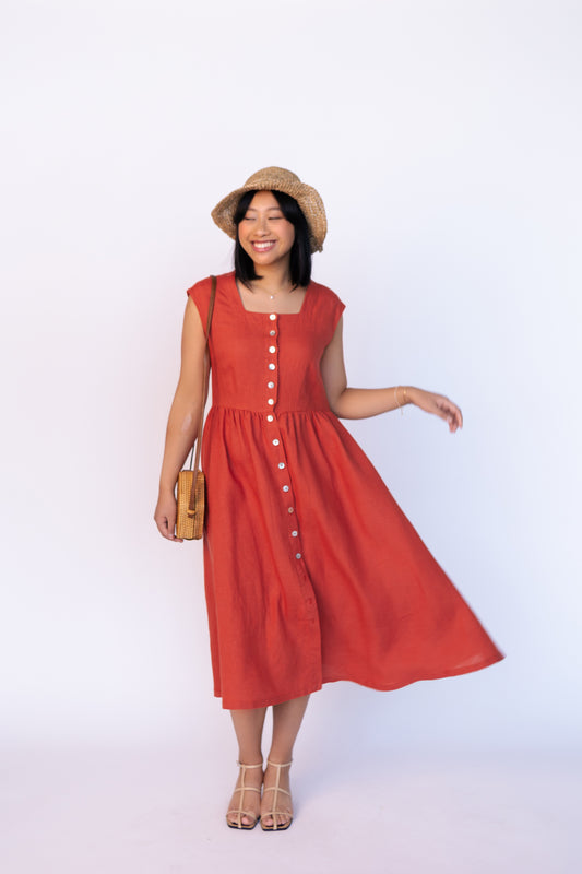 Linen Dress JANE Wide Skirt and Buttoned Front