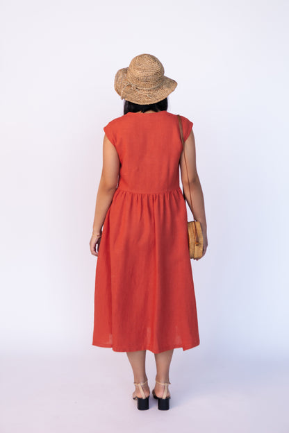 Linen Dress JANE Wide Skirt and Buttoned Front