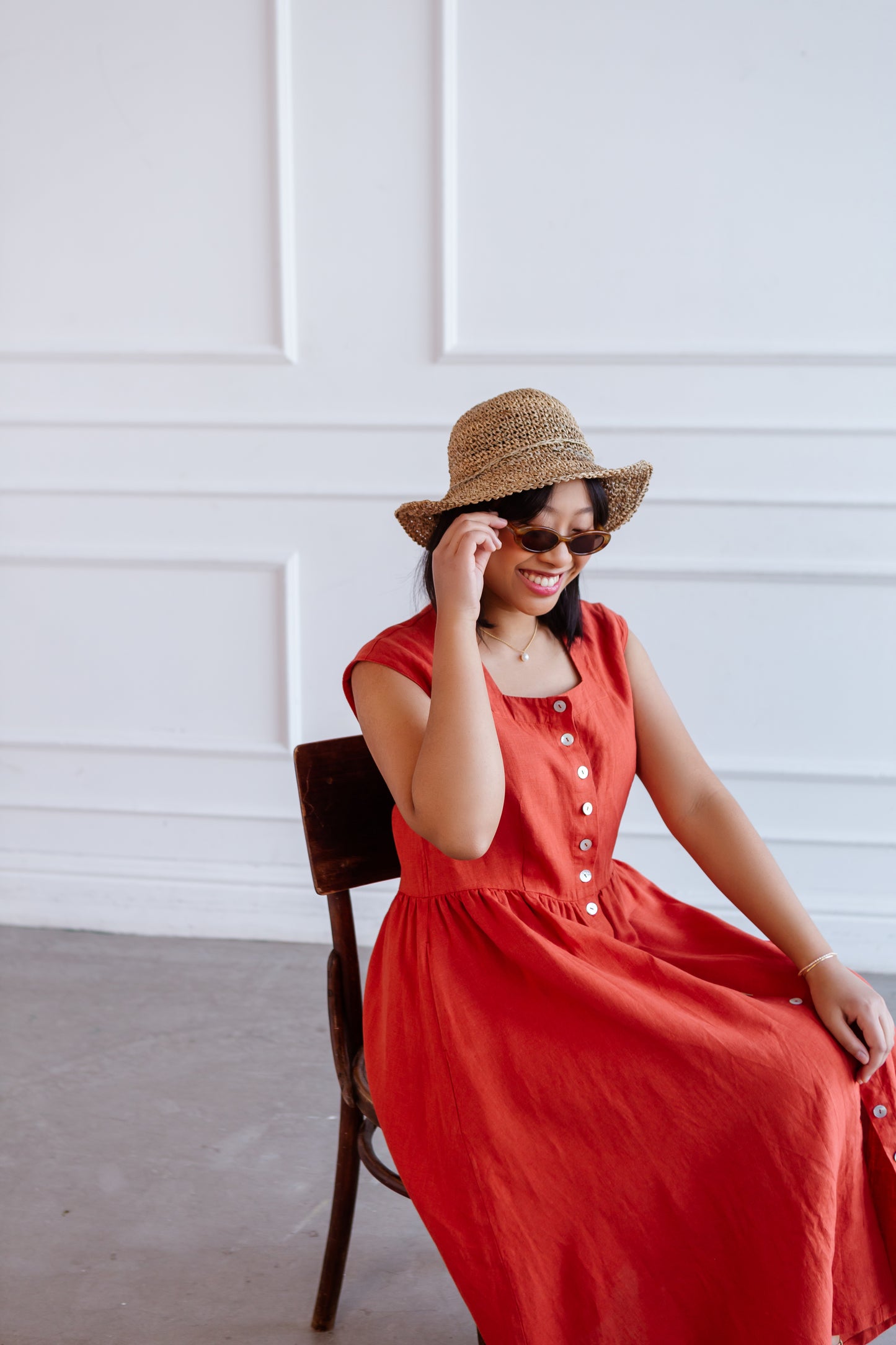 Linen Dress JANE Wide Skirt and Buttoned Front