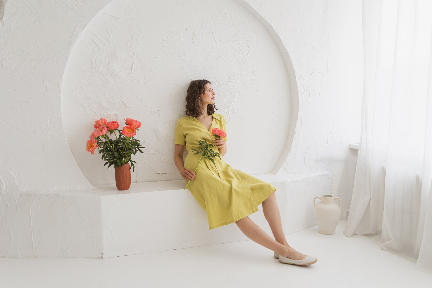 Linen Wrap Dress KEIRA With Collar Shortsleeved