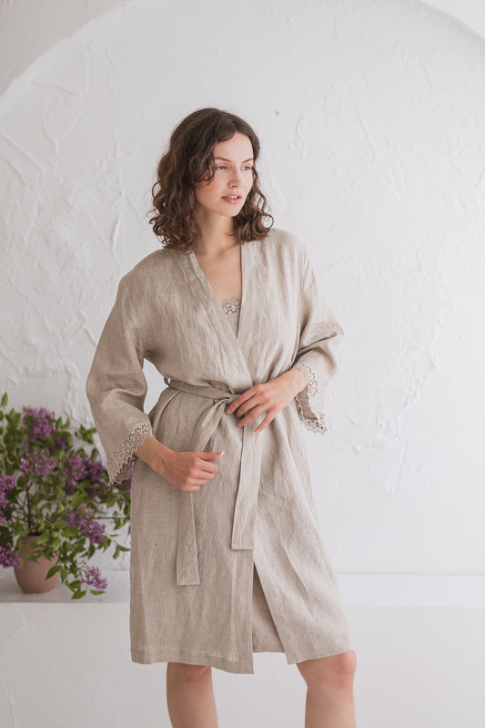 Linen Midi Bath Robe ALMA Lace