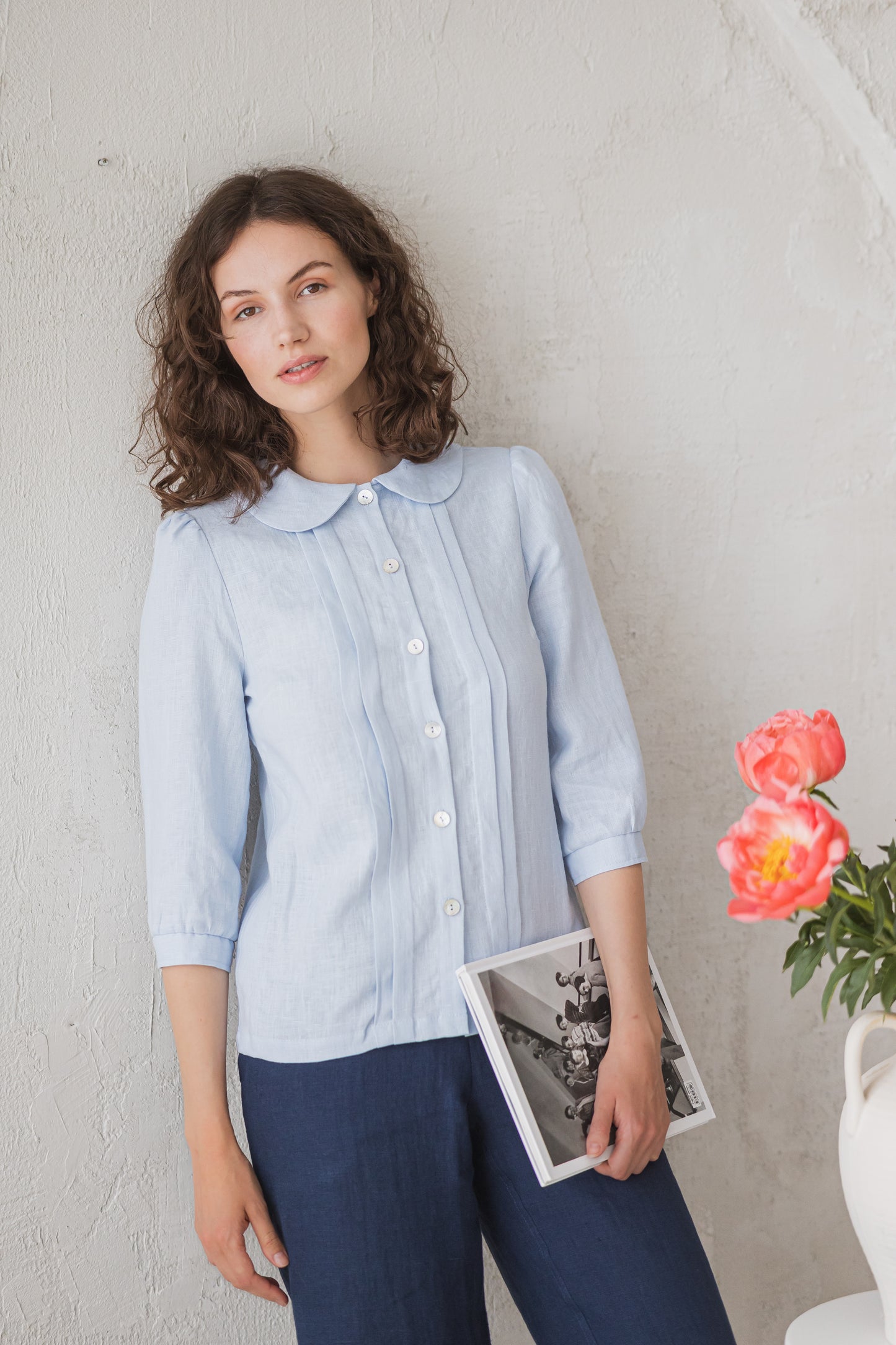 Linen Blouse with Peter Pan Collar in Pale Blue