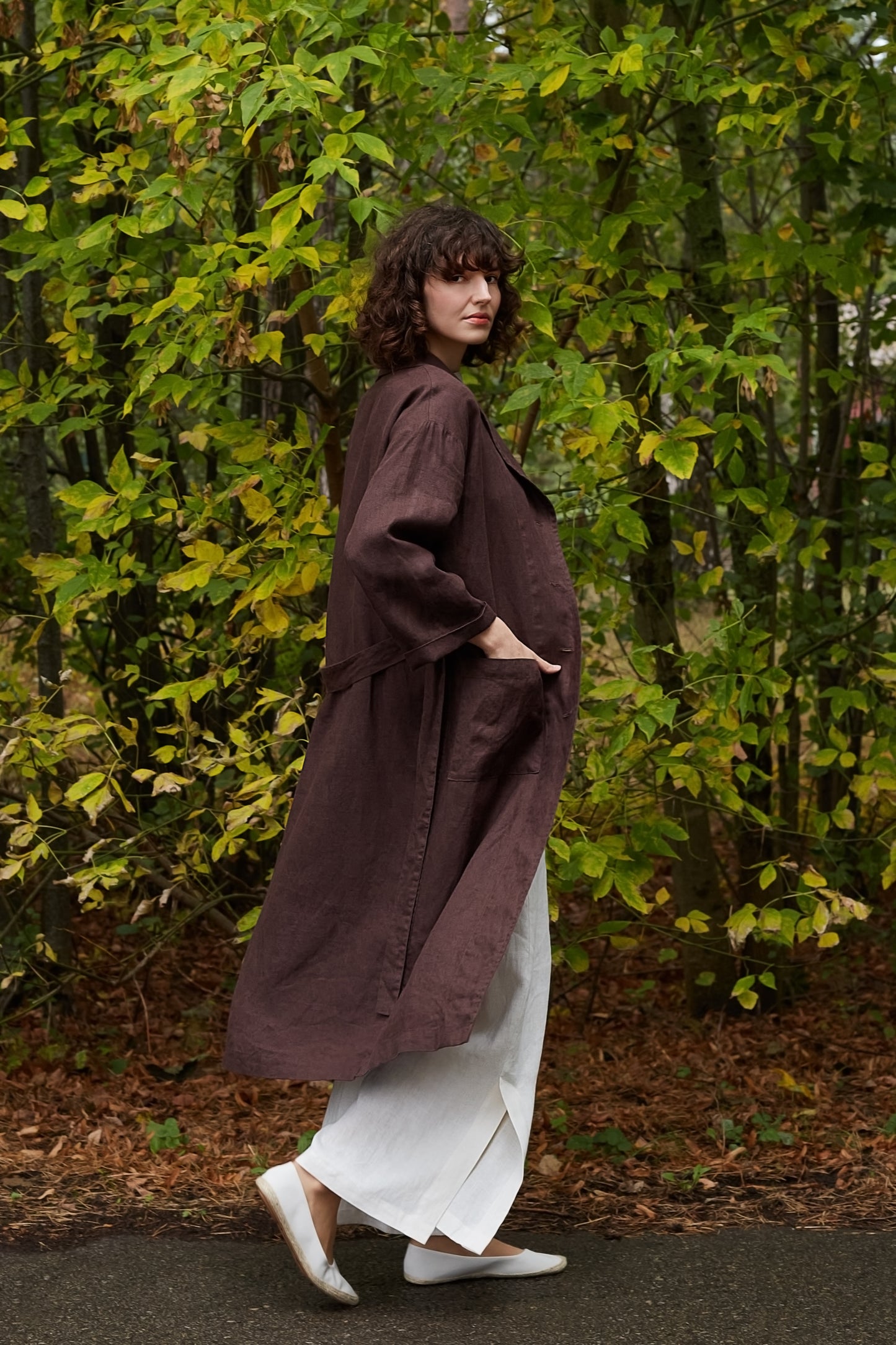 Linen Long and loose Coat REGINA with Shawl Collar in Chocolate Color