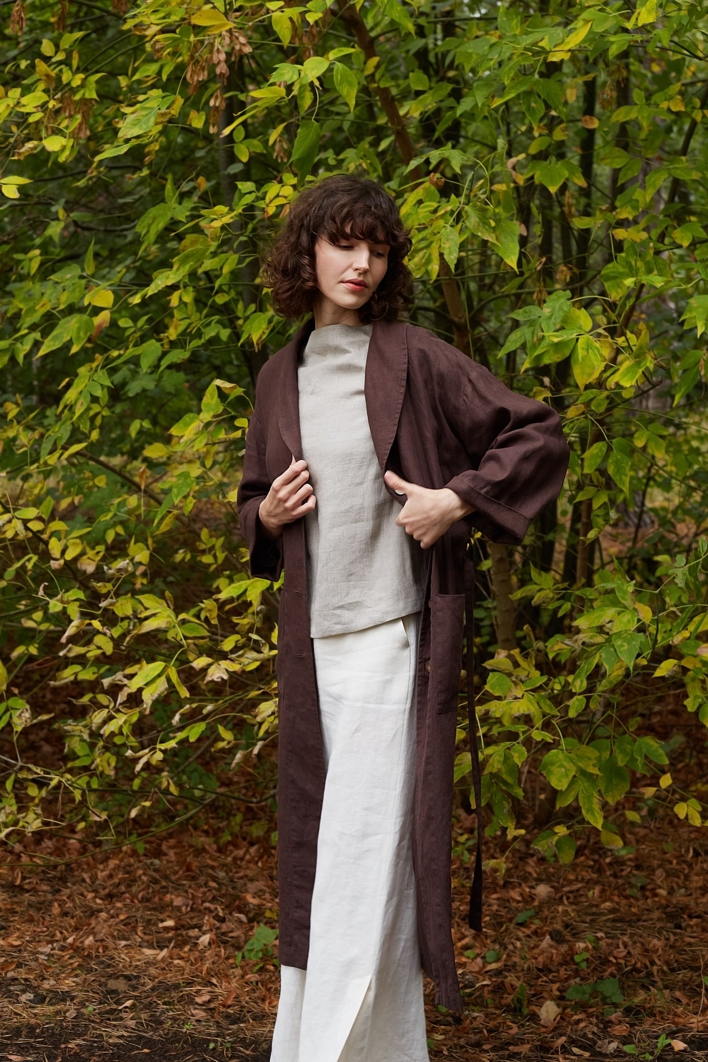 Fall Linen Long Cardigan REGNA with Shawl Collar in Chocolate Color