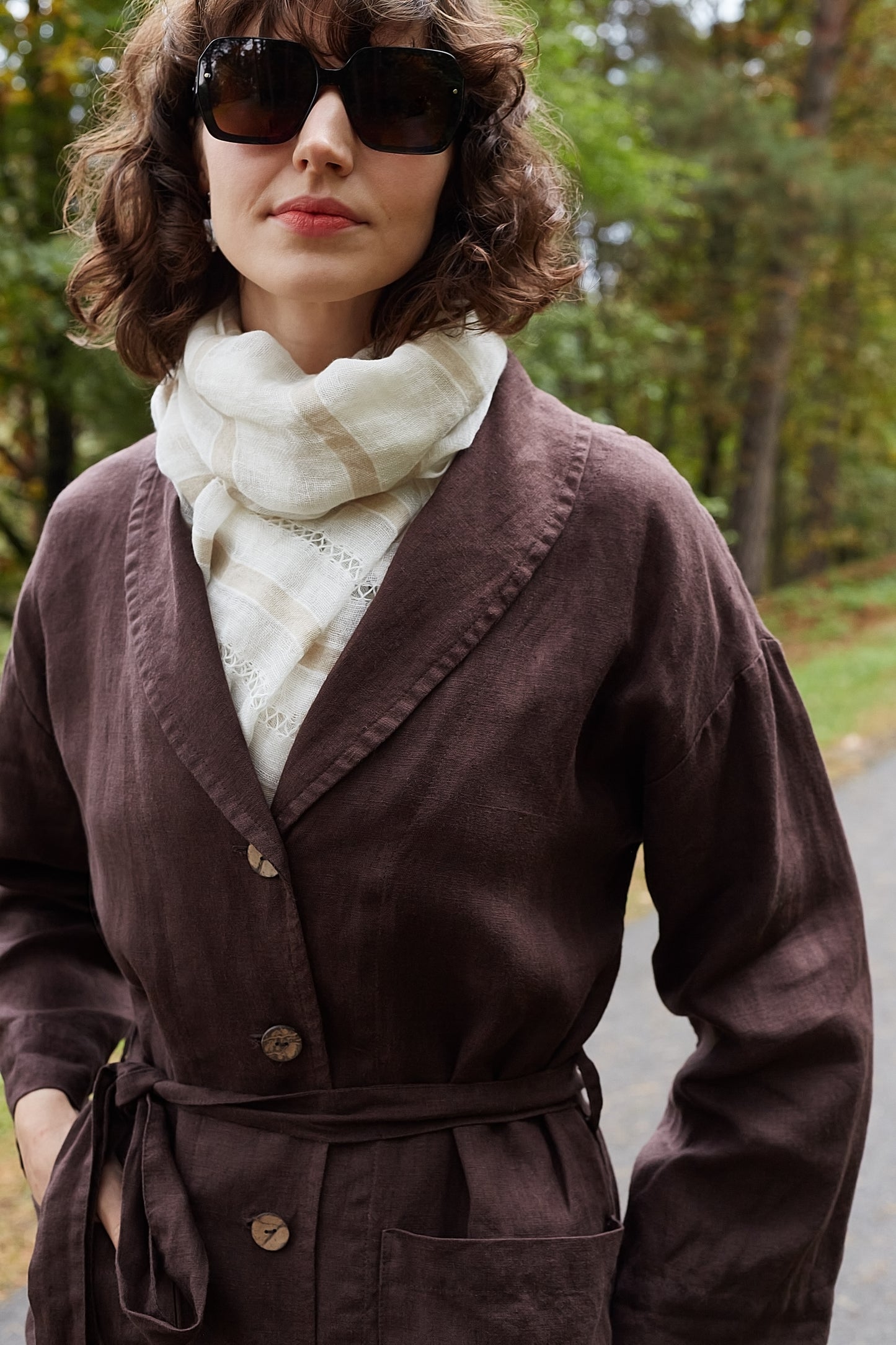 Pure Linen Dark Brown Cardigan REGINA with Shawl Collar and Big Pockets