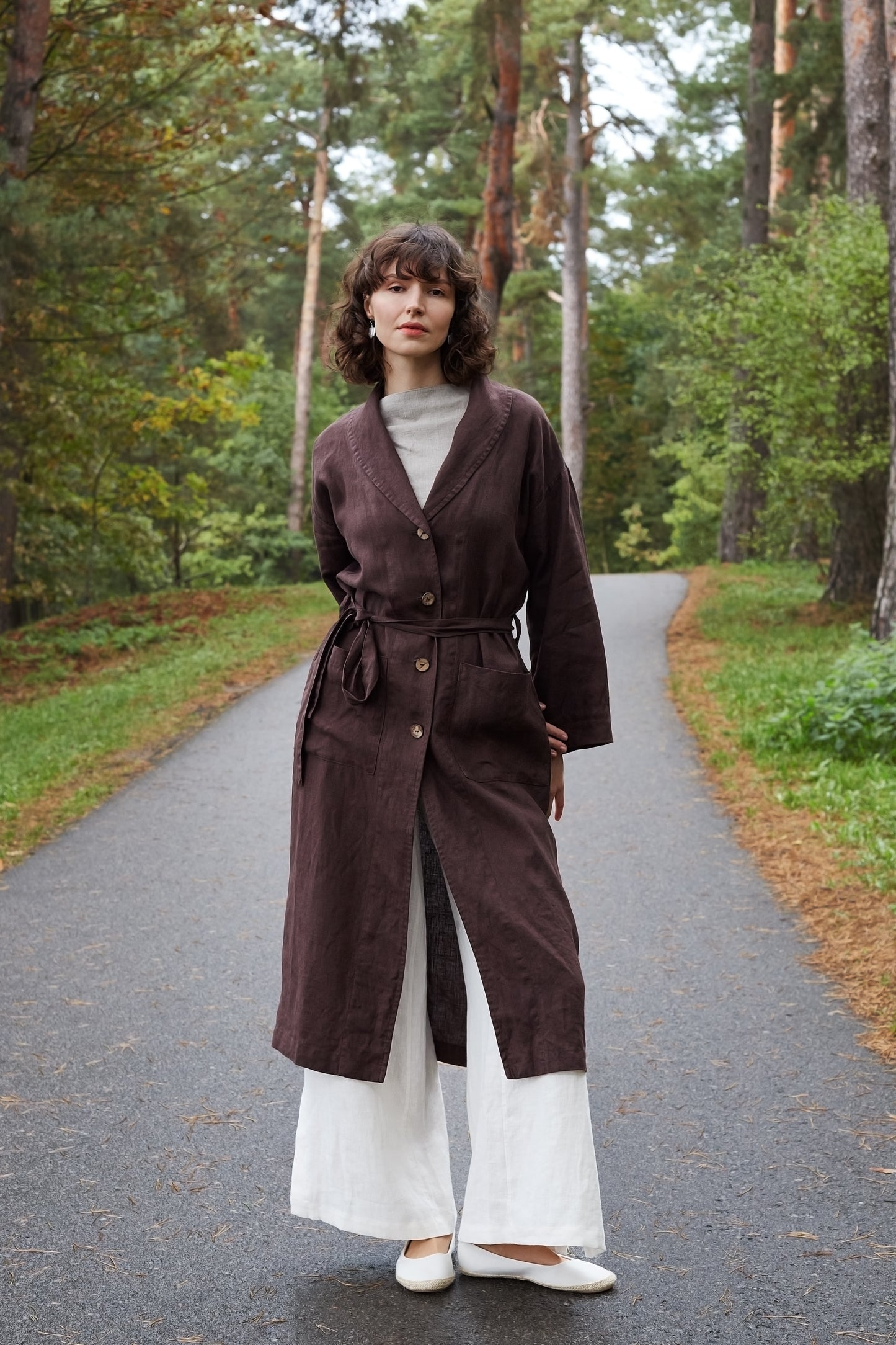 Linen Long Stylish Coat REGINA for Fall in Chocolate Color