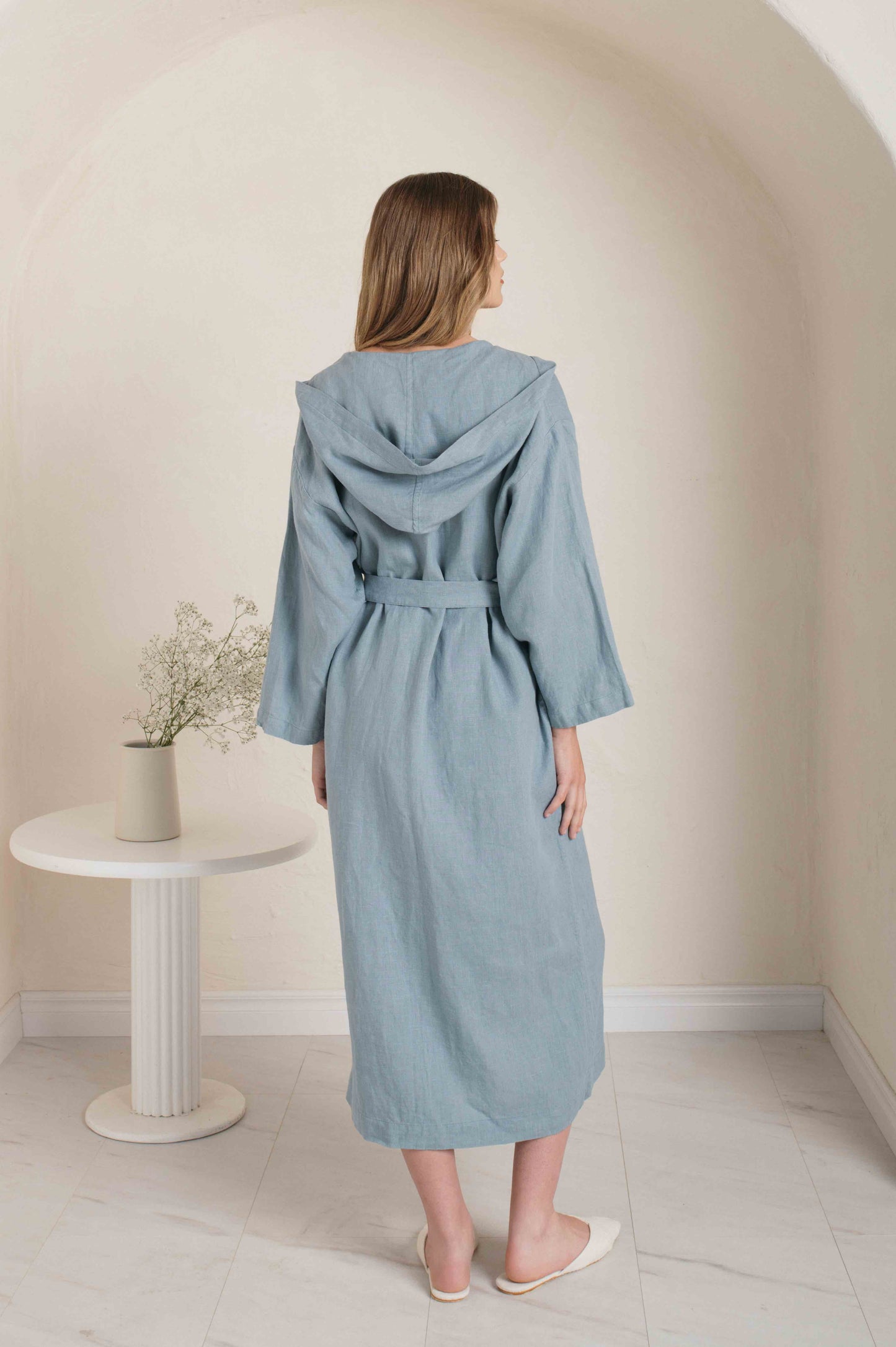 Linen Short Bath Robe MILDA Hooded