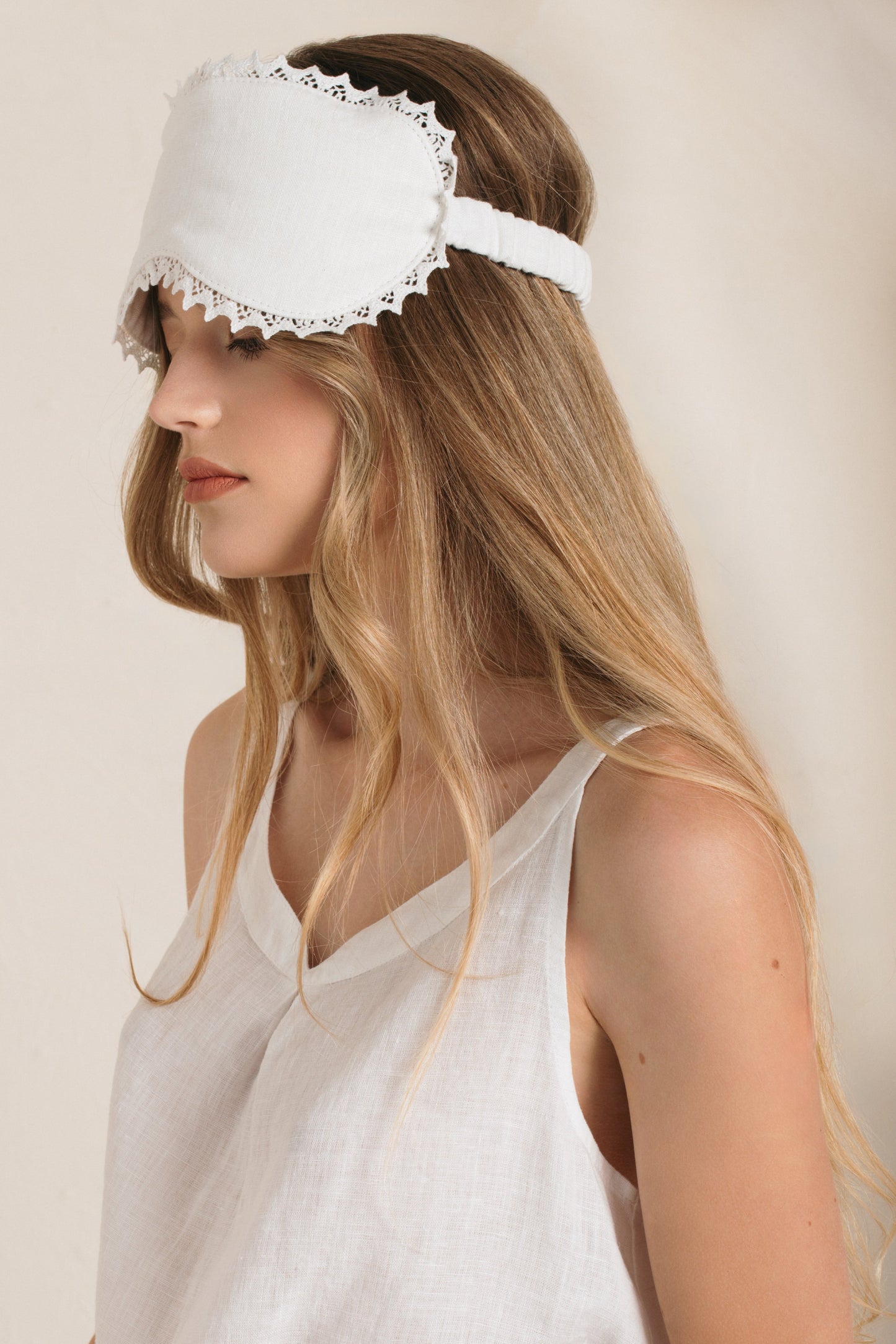 Linen White Sleep Eye Mask Laced in White