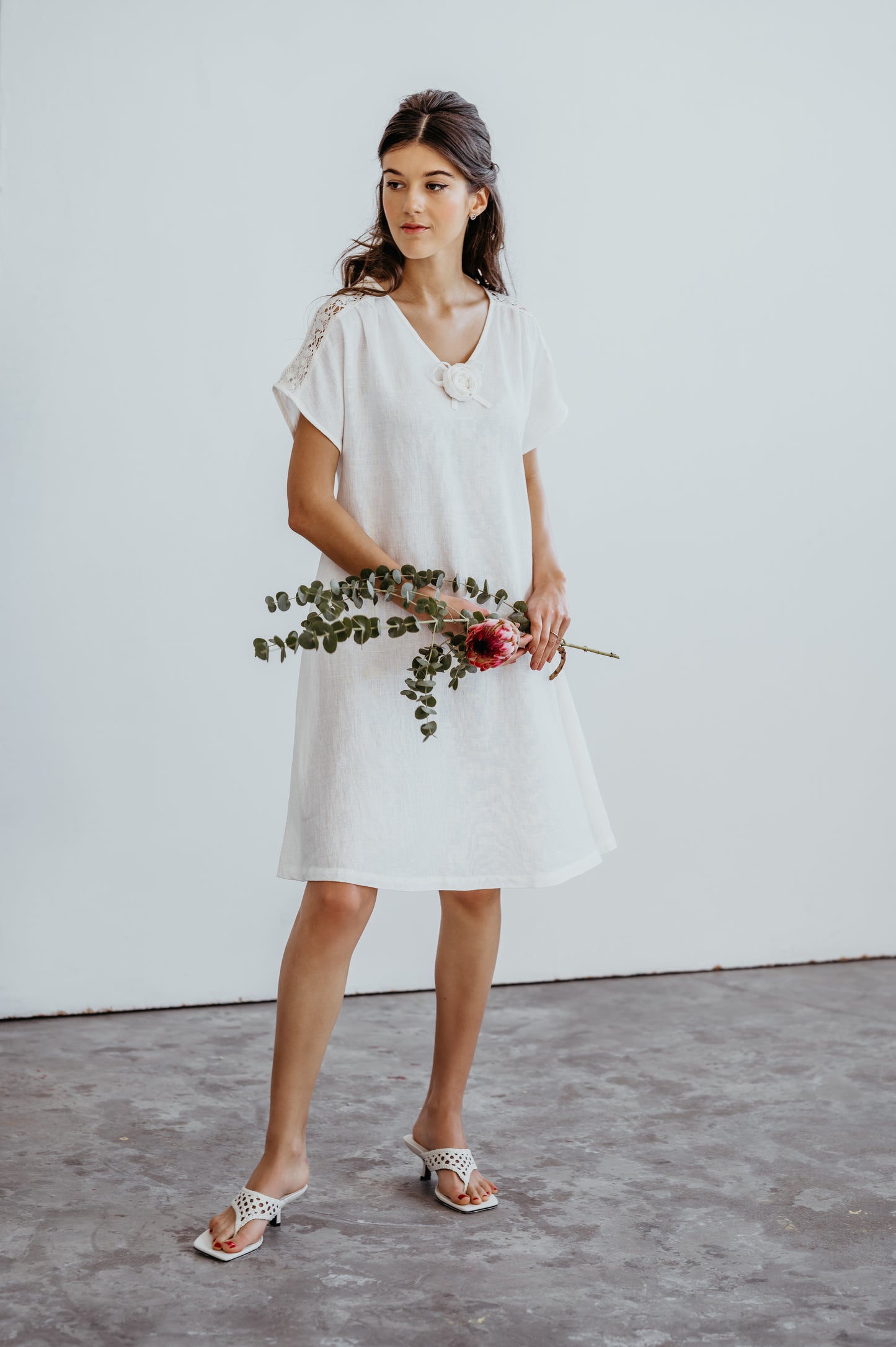 Linen Dress AMELIA Knee Length with Rose