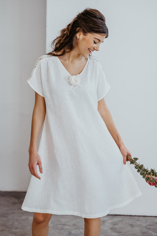 Linen Dress AMELIA Knee Length with Rose