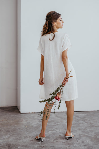 Linen Dress AMELIA Knee Length with Rose