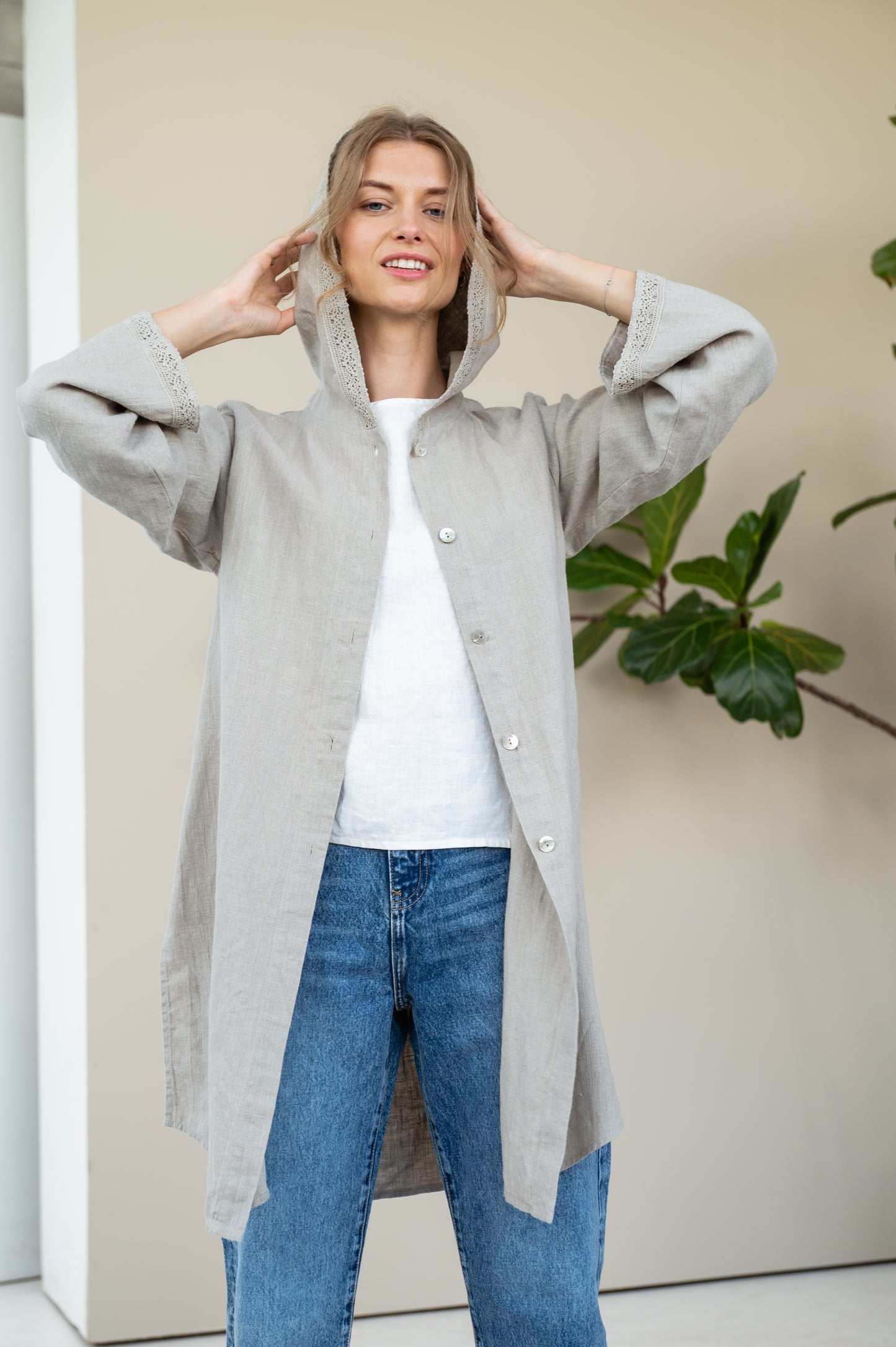 Linen Natural Hooded Cardigan TARA with Luxurious Pure Linen Lace
