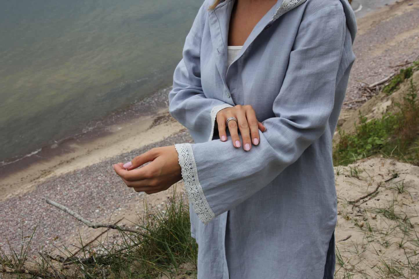 Linen Romantic Lace Hooded Cardigan TARA in Blueish Grey