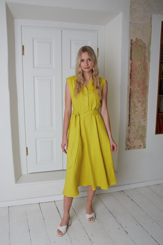 Linen elegant dress Magnolia A-linen in yellow color
