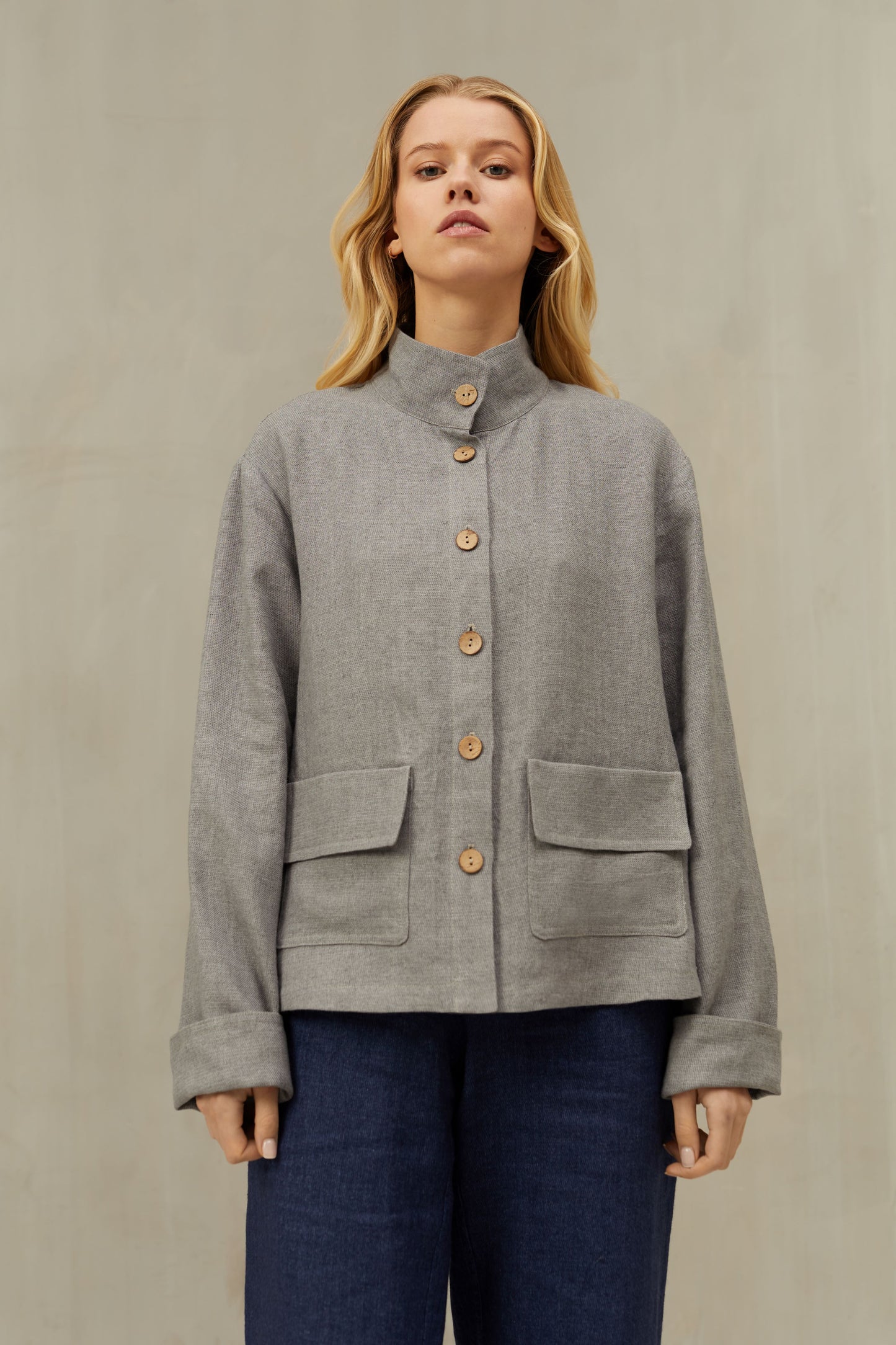 Short Stylish Coat Luca in Grey Color Linen/Wool Blend
