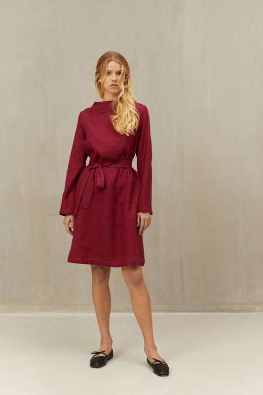 Dress VERA in Linen Wool Blend Burgundy