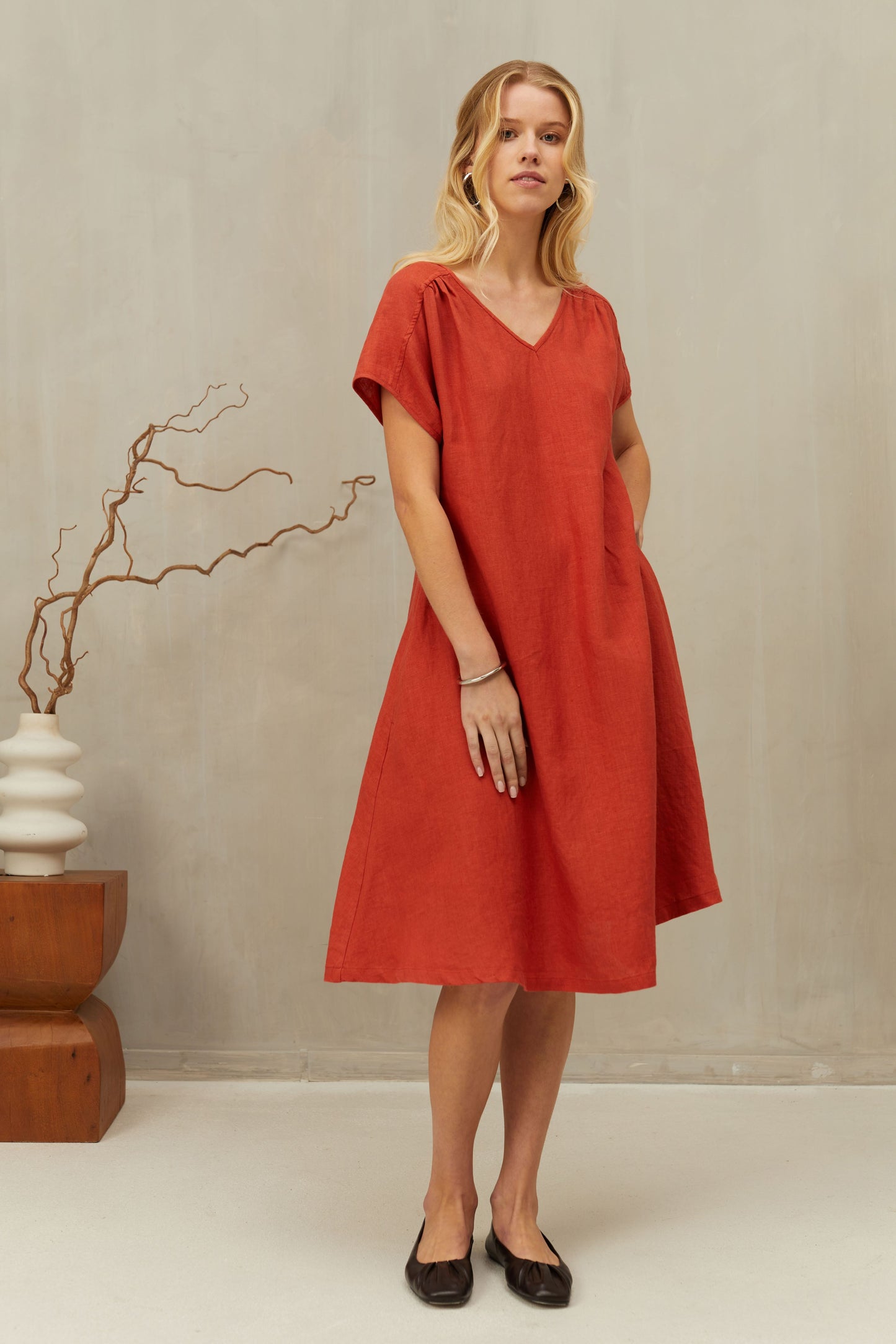 Linen Midi Dress ARIA with Flowy Bottom