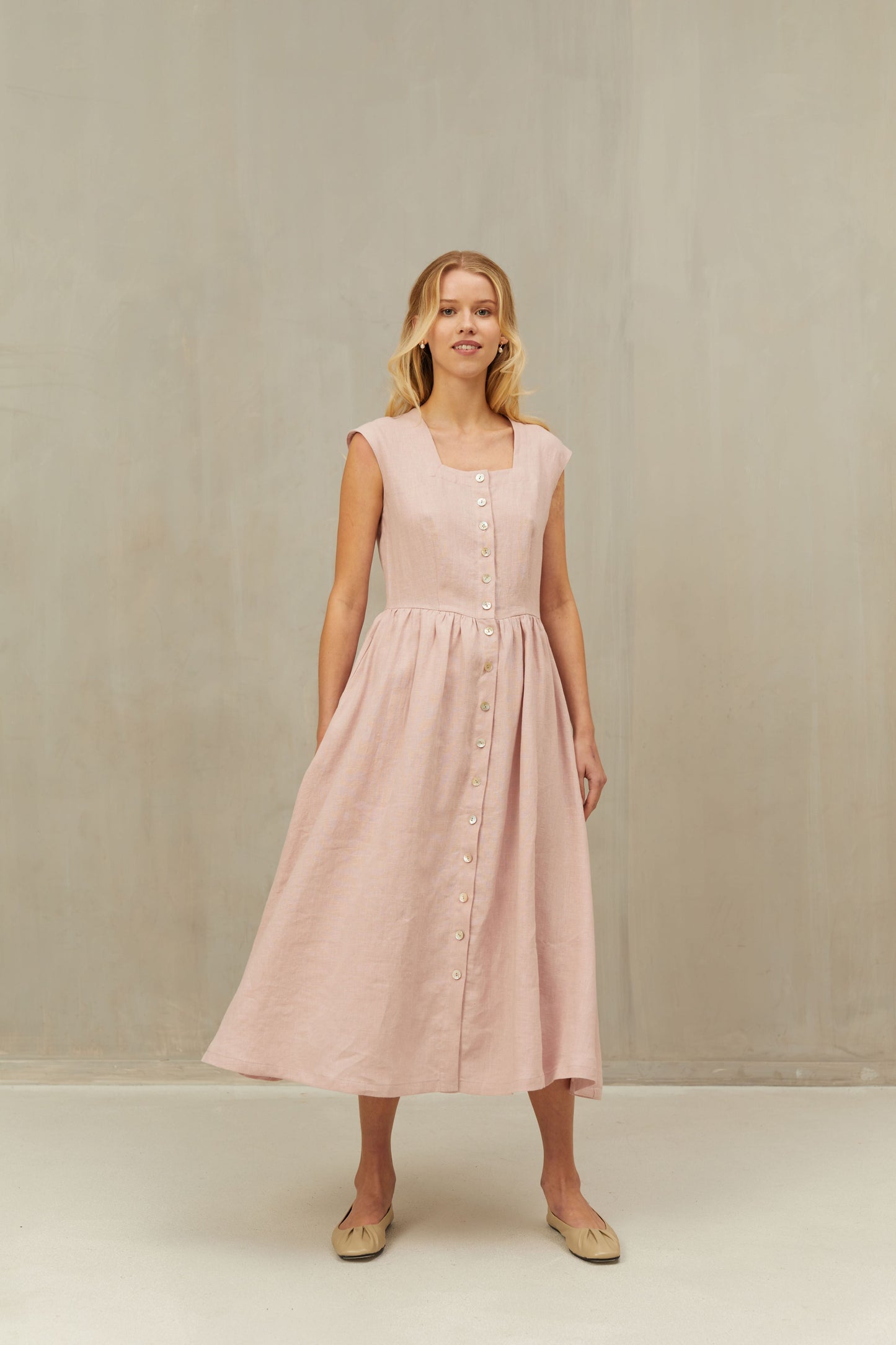 Linen Dress JANE Wide Skirt and Buttoned Front