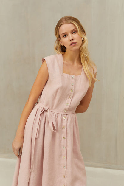 Linen Dress JANE Wide Skirt and Buttoned Front