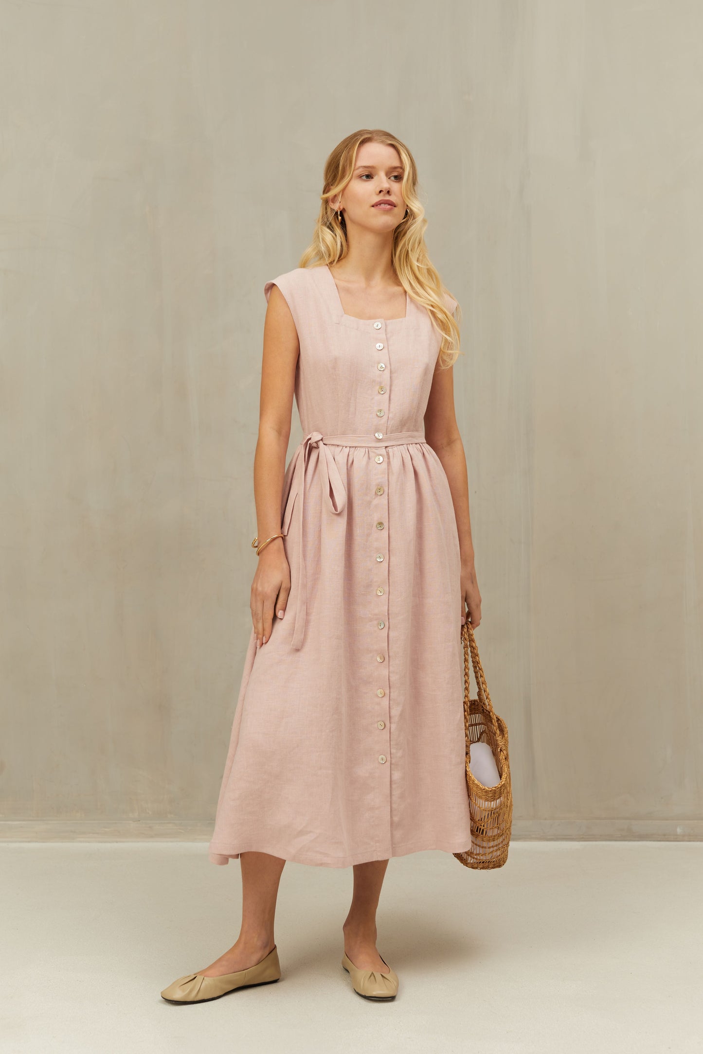 Linen Dress JANE Wide Skirt and Buttoned Front