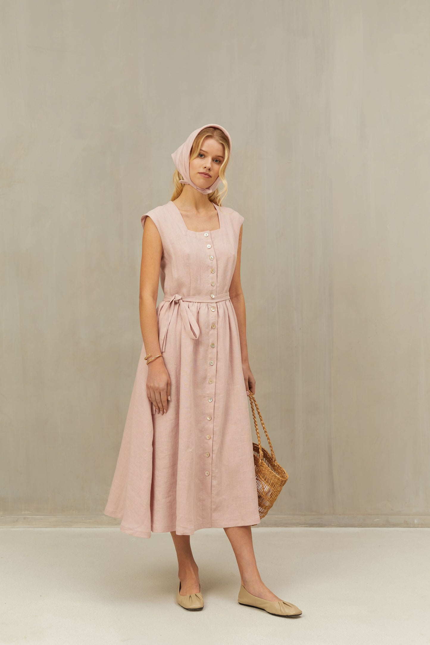 Linen Dress JANE Wide Skirt and Buttoned Front