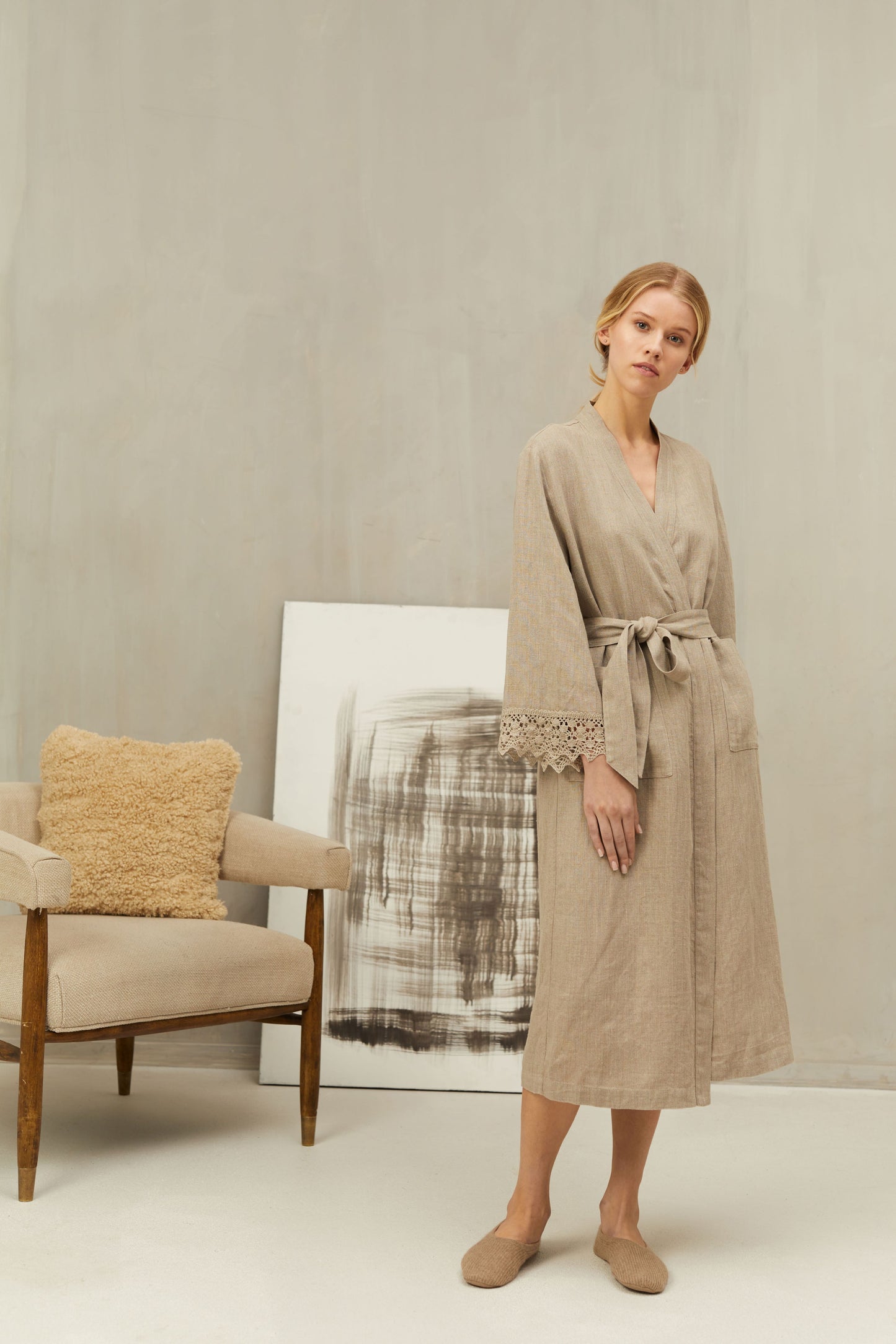 Linen Long Bath Robe ANGELE with Lace