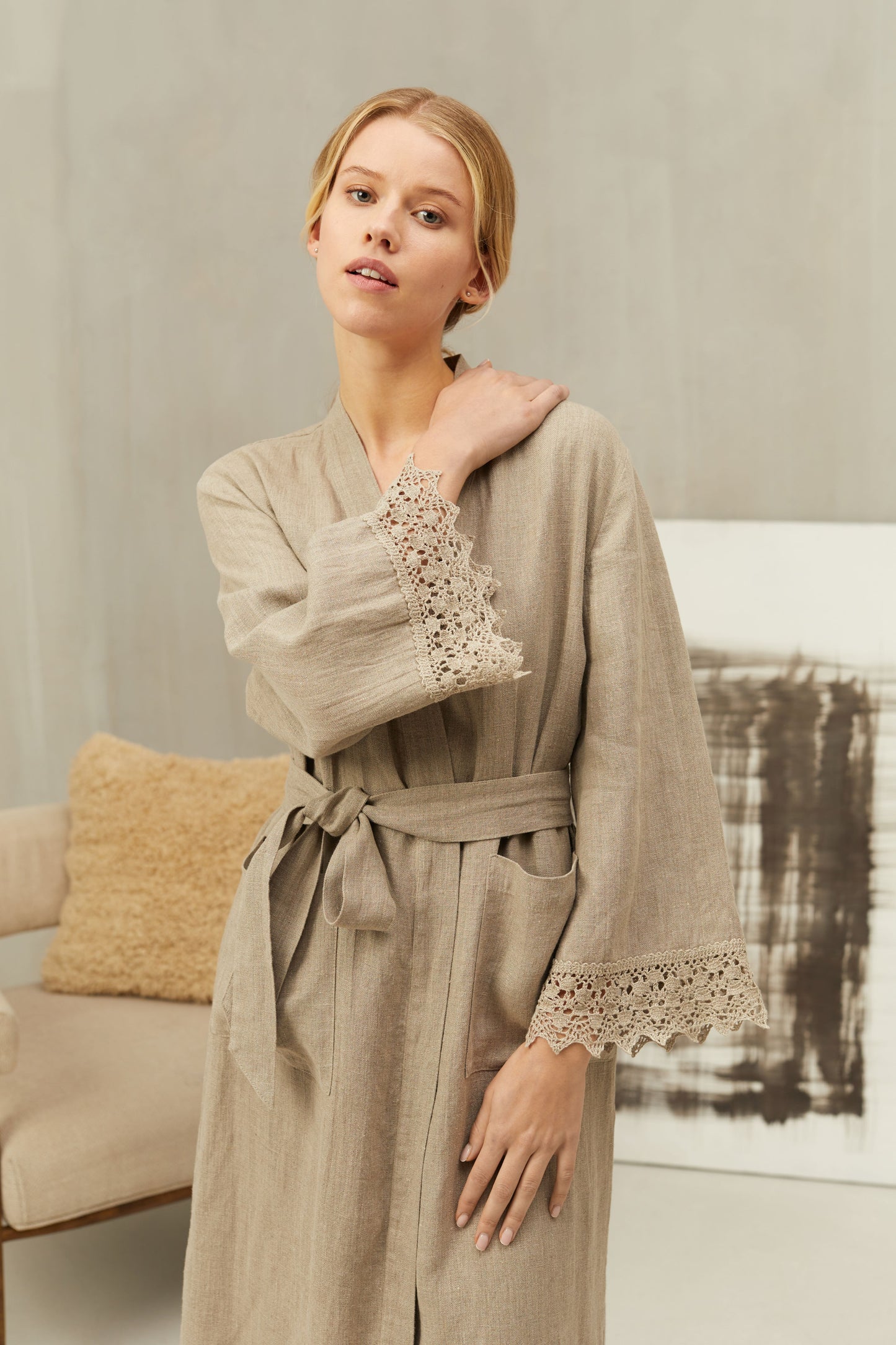 Linen Long Bath Robe ANGELE with Lace