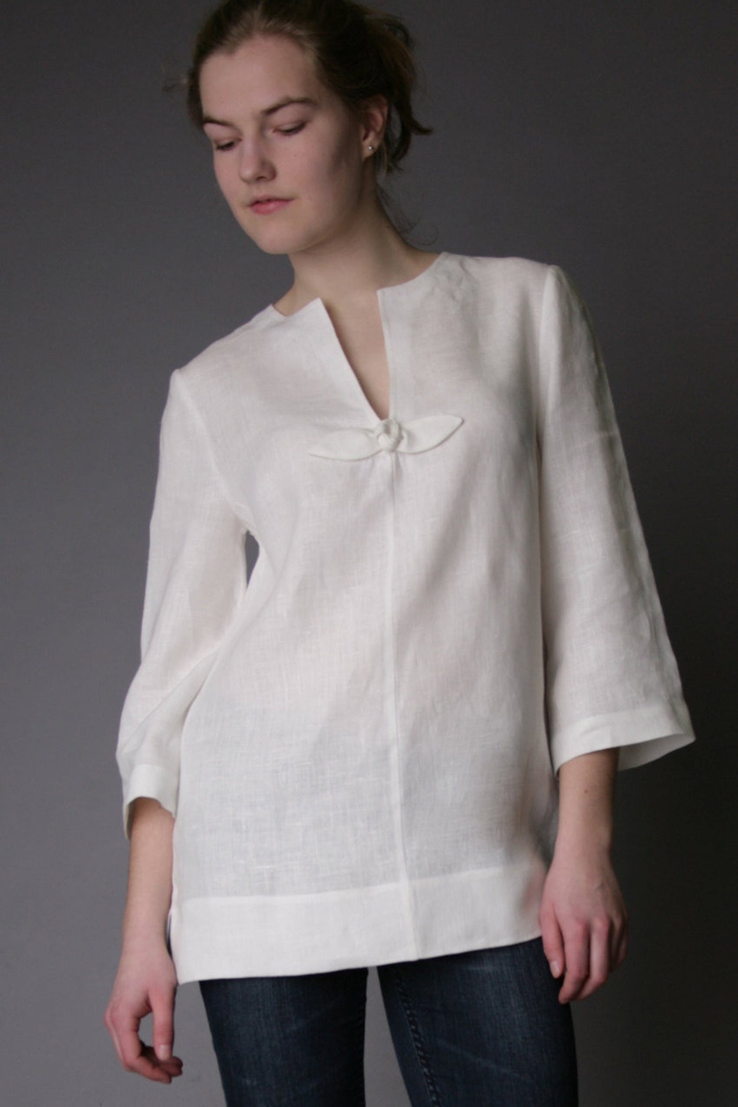Linen White Tunic ROSEMARY with Handmade Rose Decor