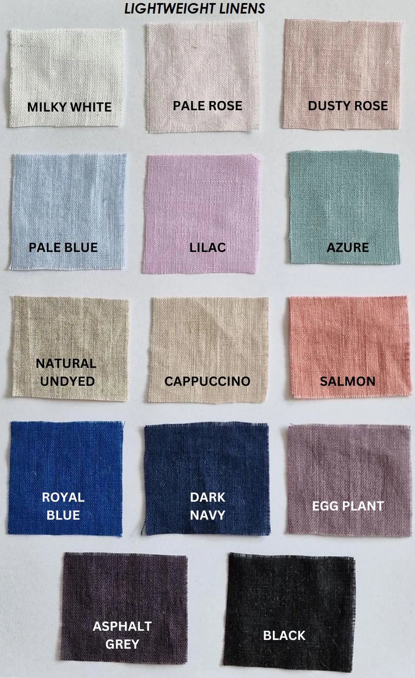 Collection of fabric swatches in various colors with labels on a light gray background